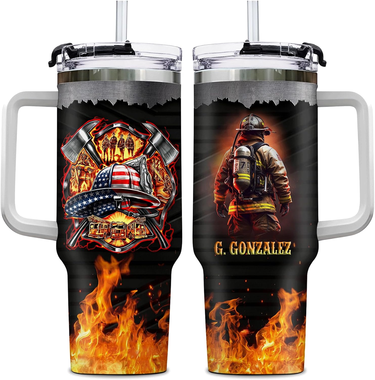 Hyturtle Personalized Firefighter 40oz Tumbler with Handle and Straw Gifts For Men, Firefighter Cup Gifts on Birthday Father's Day Fireman Custom Name Insulated Stainless Steel Travel Cup With Lid