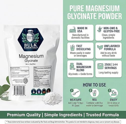 Miniatura 3 de Suplemento en polvo de glicinato de magnesio puro  Polvo de magnesio sin sabor de 8.82 oz para relajación, sueño y apoyo muscular  Hecho en Estados