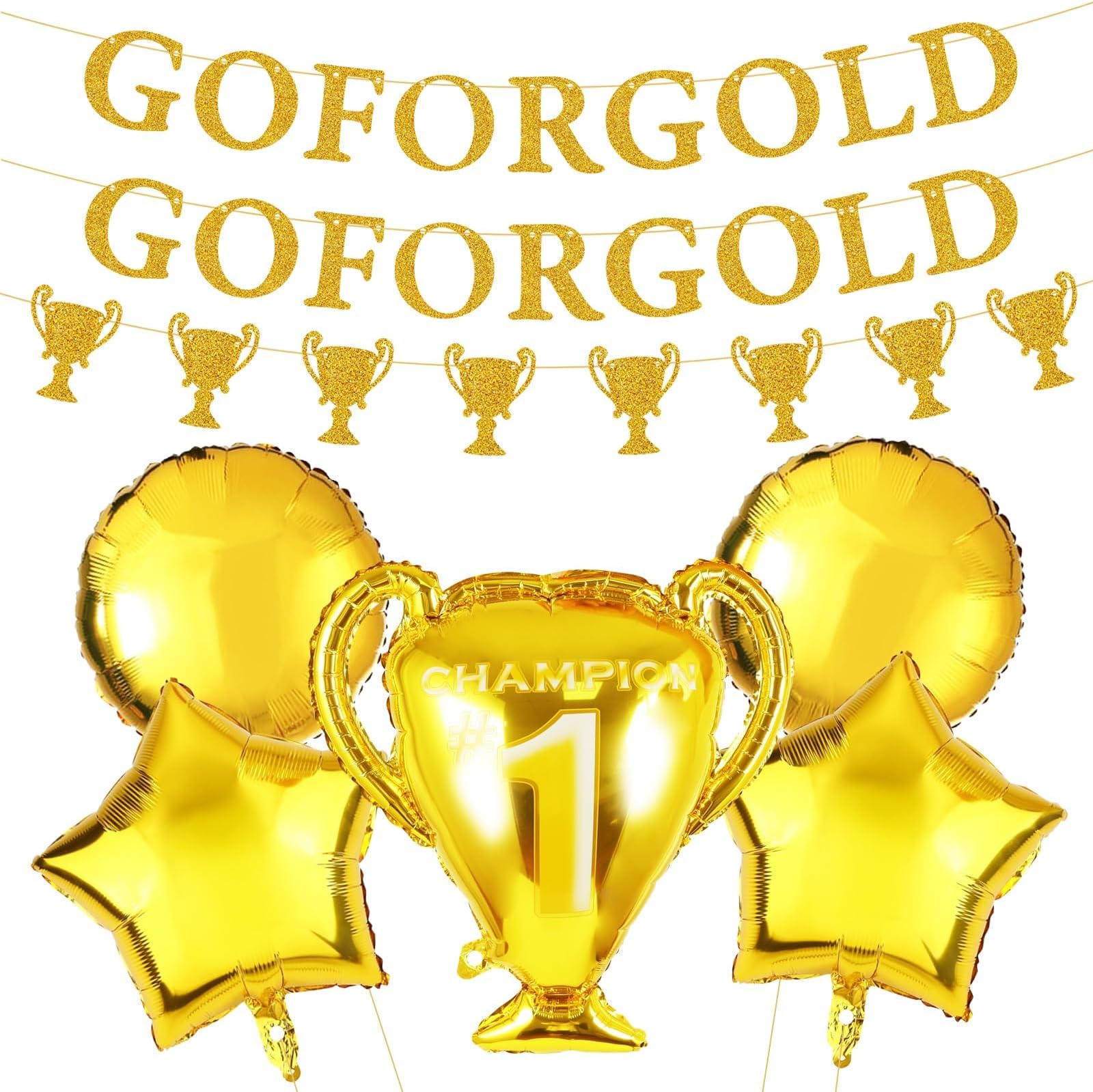Olympic Party Decorations Glitter Go for Gold Banner with Champion Trophy Foil Balloon Olympic Champion Themed Games Party Balloons Banner Decorations for Sports Birthday Party Decorations