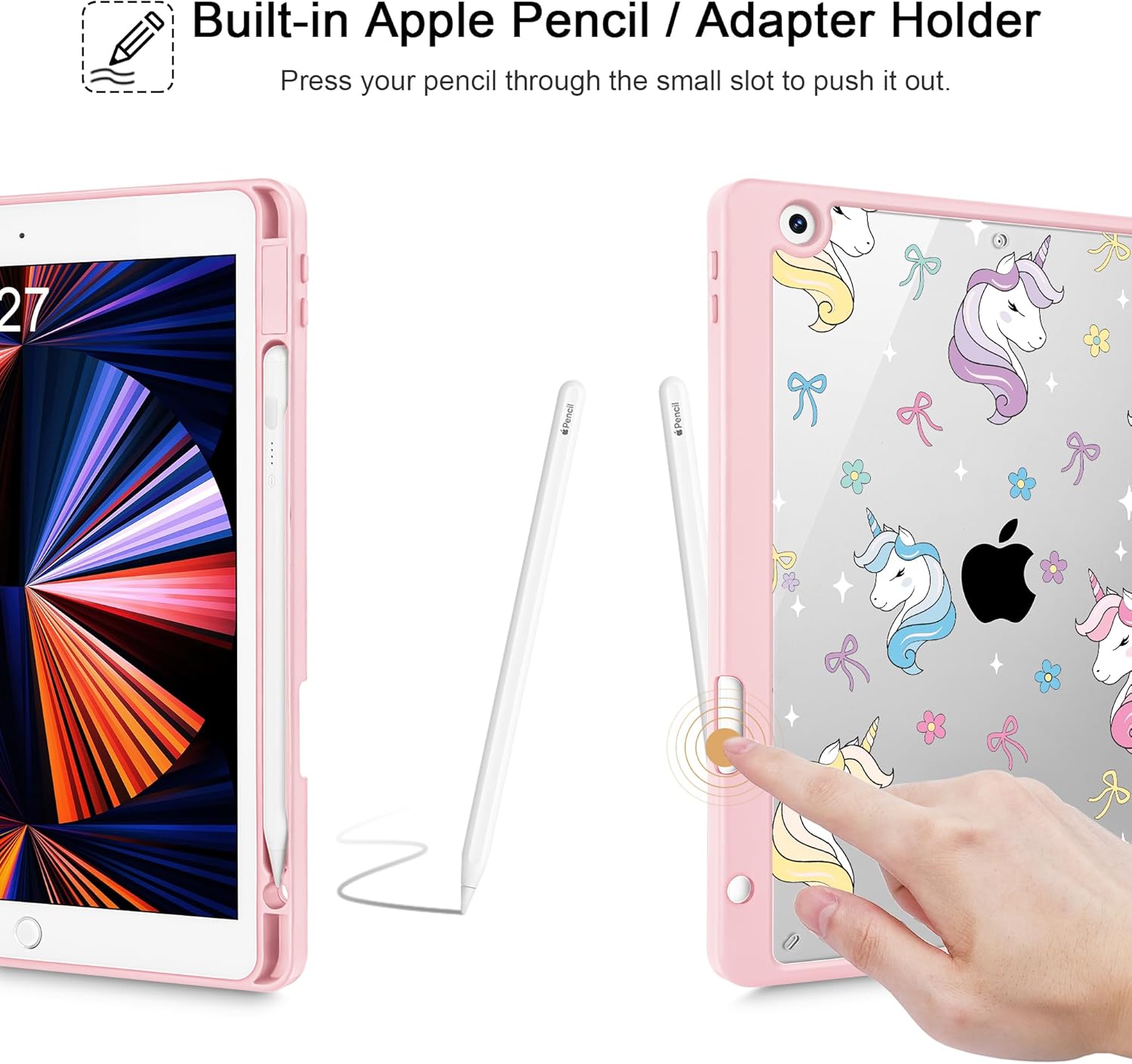 for iPad 9th Generation with Pencil Holder, iPad 8th/7th Gen Case 10.2-inch, [Built in Pencil Holder] Trifold Stand Auto Wake/Sleep Clear TPU Protection Back Cover, Rainbow Unicorn