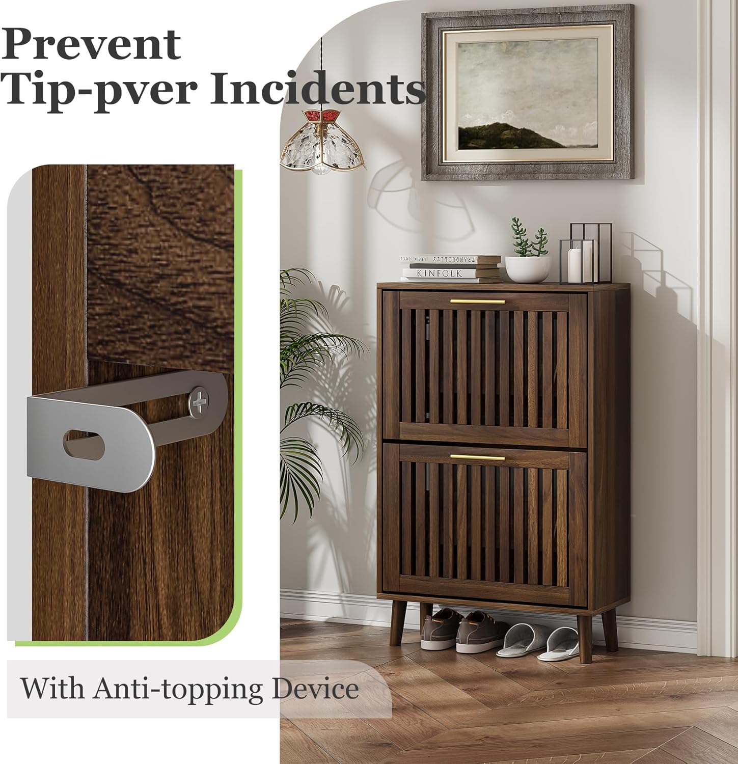 Shoe Cabinet, Shoe Storage Cabinet with Louvered 2 Flip Drawers, Narrow Shoe Cabinet Storage for Entryway, Freestanding Shoe Organizer Cabinet with Golden Handles, Slim Shoe Rack Cabinet (Walnut)