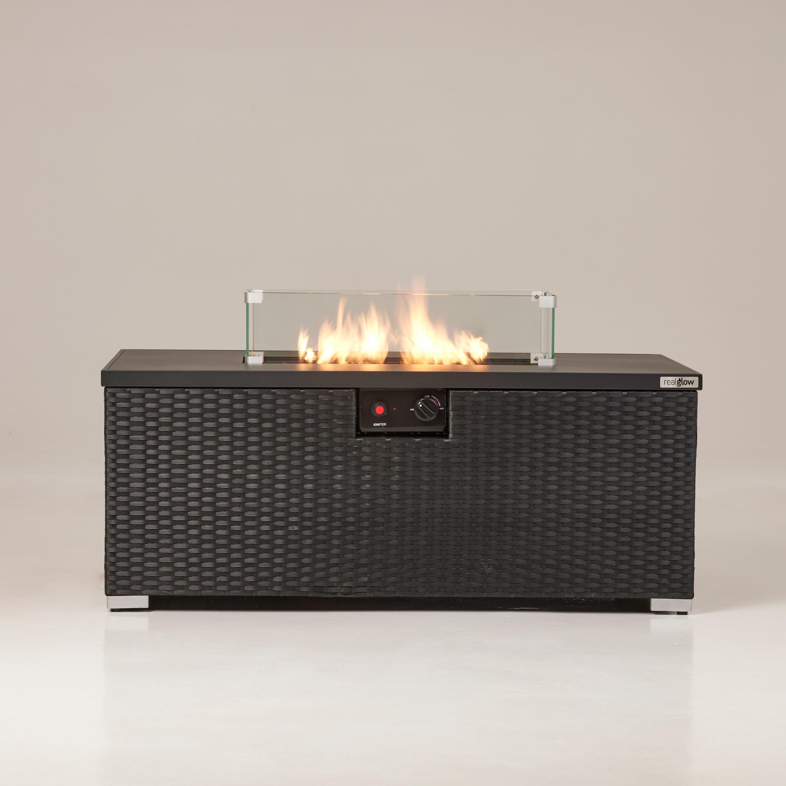 REALGLOW Warmpact Rattan Table Gas Fire Pit in Black - 13KW Rectangular Propane Gas Fire Pit w/Removable Glass Wind Guard, Lava Rock & Lid Cover - Coffee Table w/Heater for Garden, Deck