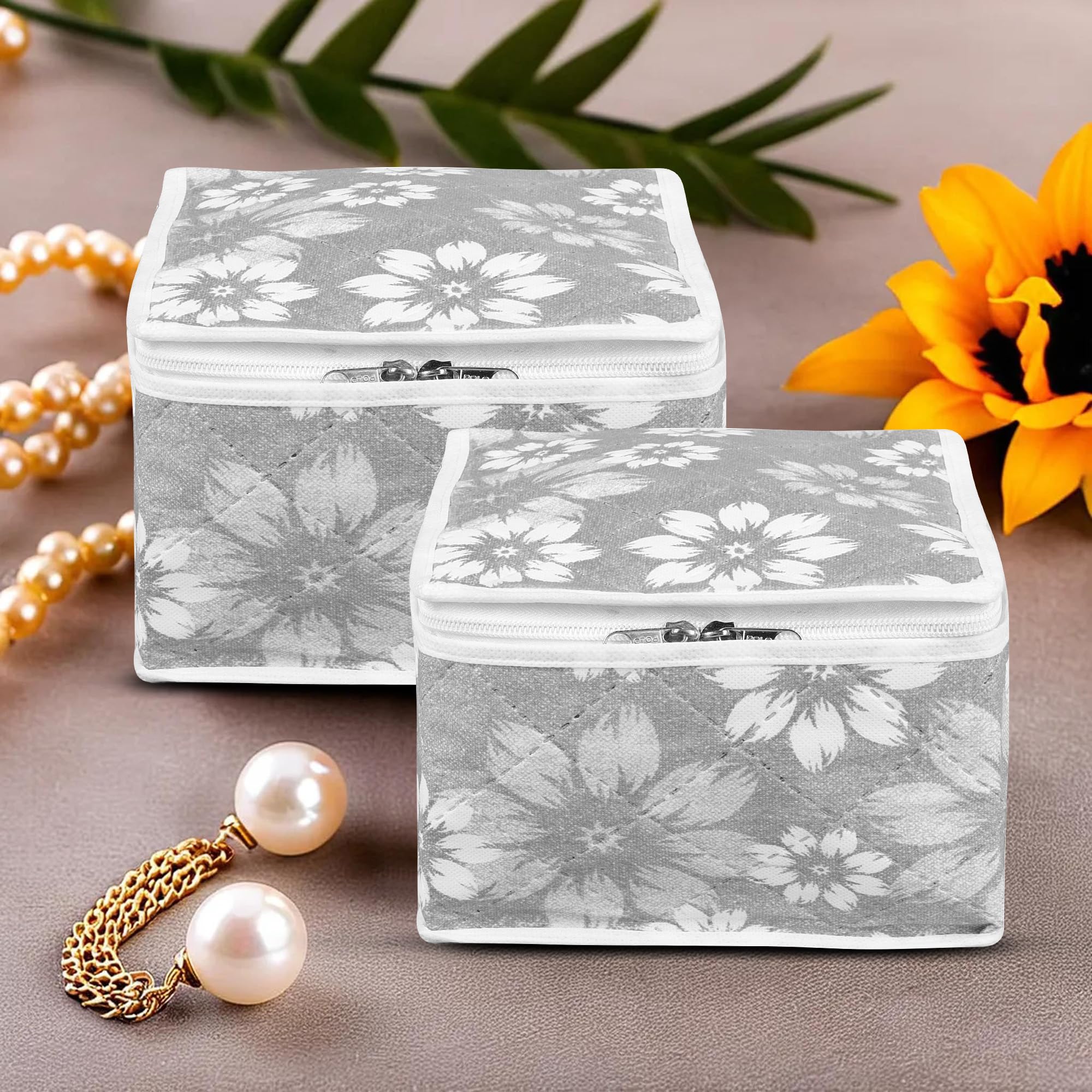 Kuber Industries Makeup Storage Bag | Waterproof Watches Organizer | Jewellery Kit for Woman | 10 Detachable Pouch | Square Locker Kit for Travel | Flower Quilted | Pack of 2 | Gray