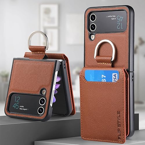 Miniatura 3 de Asuwish Funda de teléfono para Samsung Galaxy Z Flip 3 5G 2021 con ranura para tarjetas, funda tipo cartera y soporte de anillo, accesorios móviles