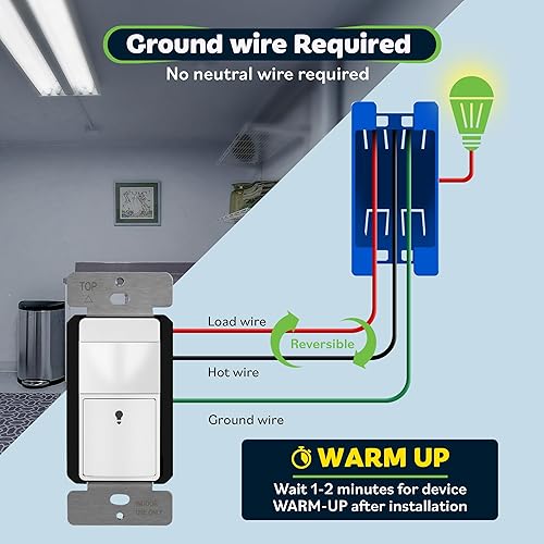Miniatura 2 de TOPGREENER Interruptor de sensor de movimiento, sensor PIR con nivel de luz ambiental,   , cable de tierra requerido, modos de ocupación y vacancia,