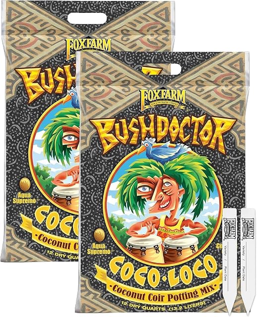 FoxFarm BushDoctor Coco Loco Potting Mix with 2 Plant Tags, 12qt (2 Pack) | Extends Your Watering Schedule, Triple-Washed to Reduce Salt Content, Perfect for Cultivating Vigorous Plants