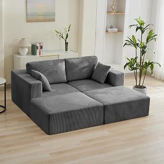 83'' Boneless Loveseat Sofa, Comfy Deep Seat Cloud Couch with 2 Moveable Ottoman, No Assembly Corduroy Love Seat for Living Room, Grey
