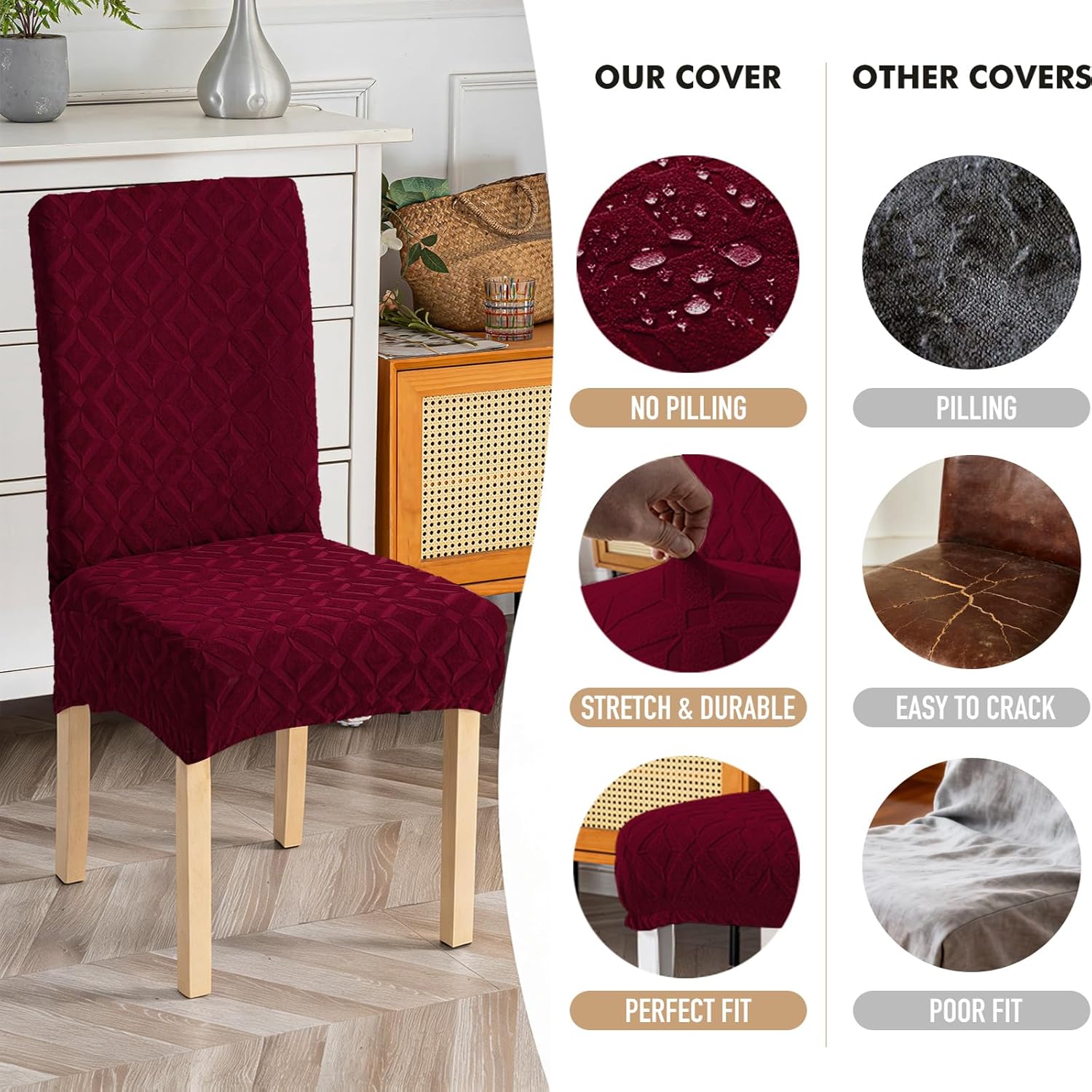 Genina Waterproof Chair Covers for Dining Room Set of 4, Removable Washable Chair Slipcover Protectors, Wine Red