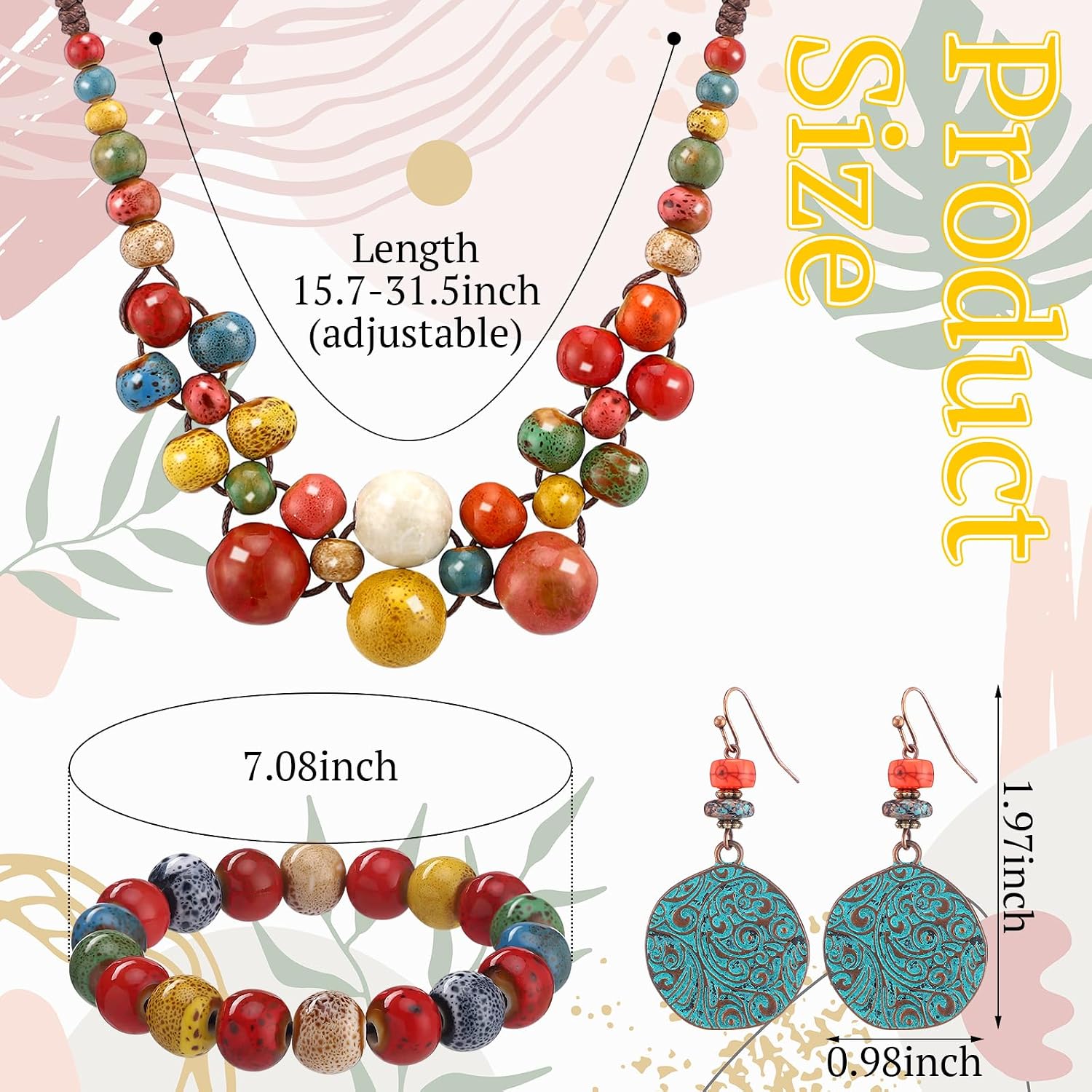 Liliaafar 3 Pcs Boho Jewelry Set for Women Colorful Beaded Necklace Bracelet Dangle Drop Earring Summer Beach Bohemian Gift