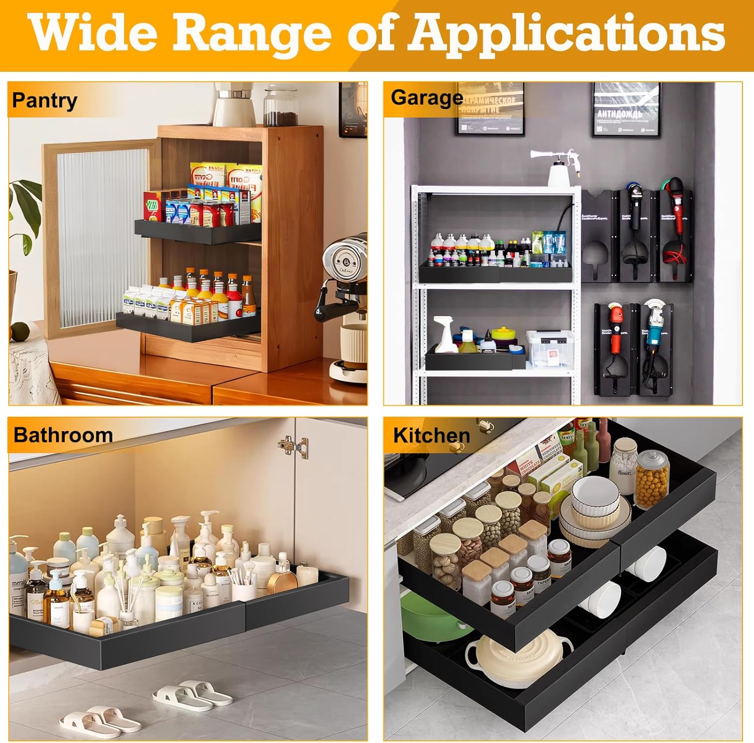 Pull Out Cabinet Organizer, 2 Pack Expandable(12.6"-18.9") Heavy Duty Slide Out Drawers for Kitchen Cabinets, Pull Out Shelves with Adhesive Nano Film for Cabinets in Kitchen Pantry Bathroom (Black)