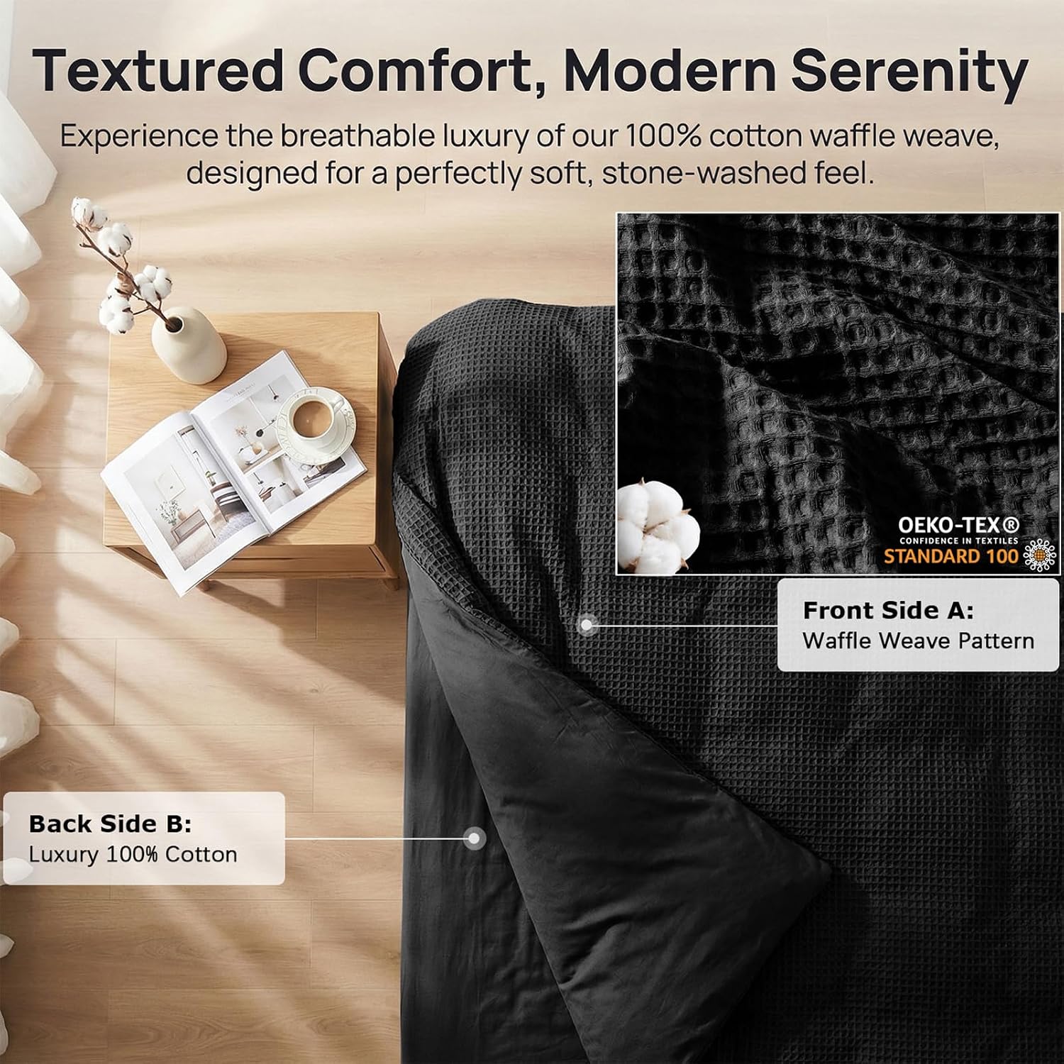 Waffle Weave 100% Cotton Twin Size Duvet Cover Set,Black image 4