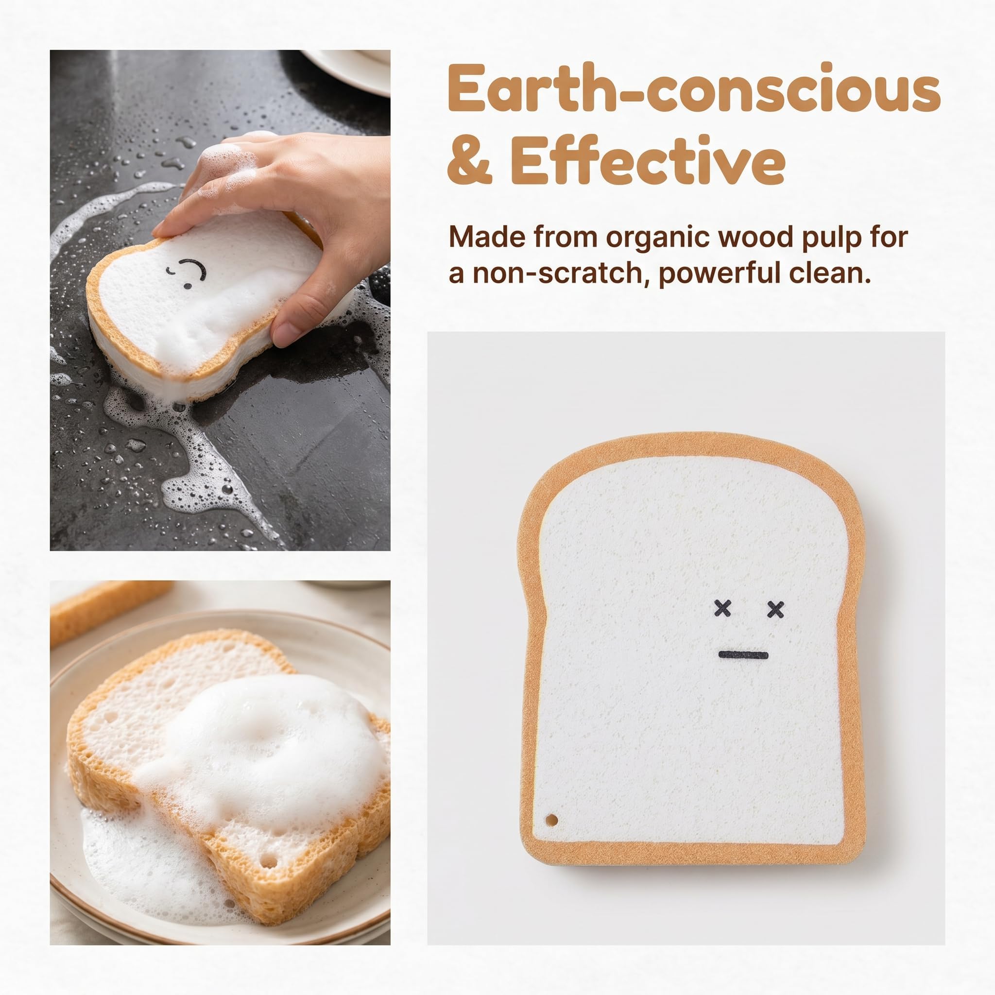 Esponjas de pan, esponjas emergentes compostables, en forma de tostada, almohadillas de limpieza de celulosa vegetal, esponjas para lavar platos sin arañazos, reutilizables, absorbentes y divertidas