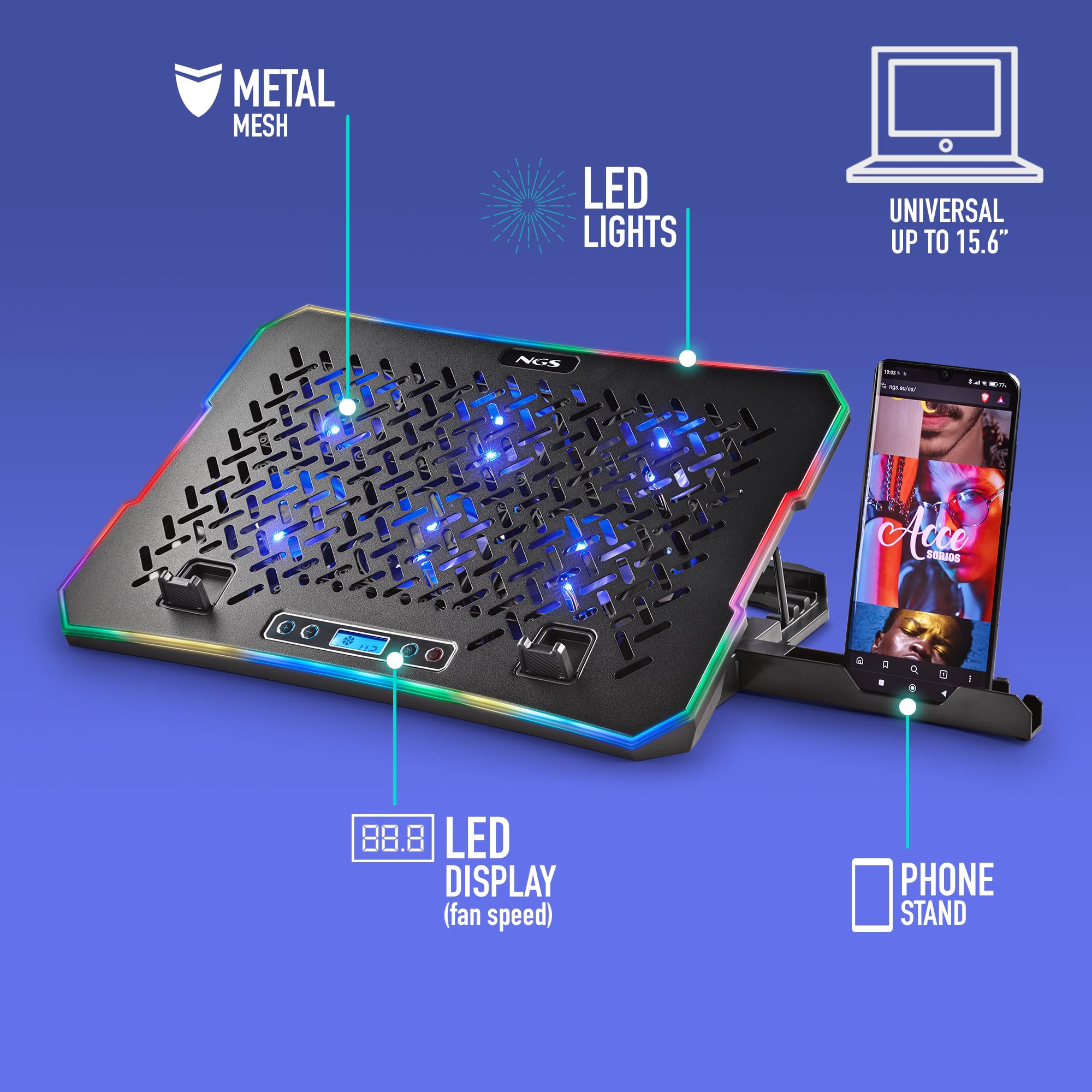 NGS Hero Stand - Base di raffreddamento per laptop, 6 ventole silenziose, RGB, LCD, regolabile, USB, 2400 RPM