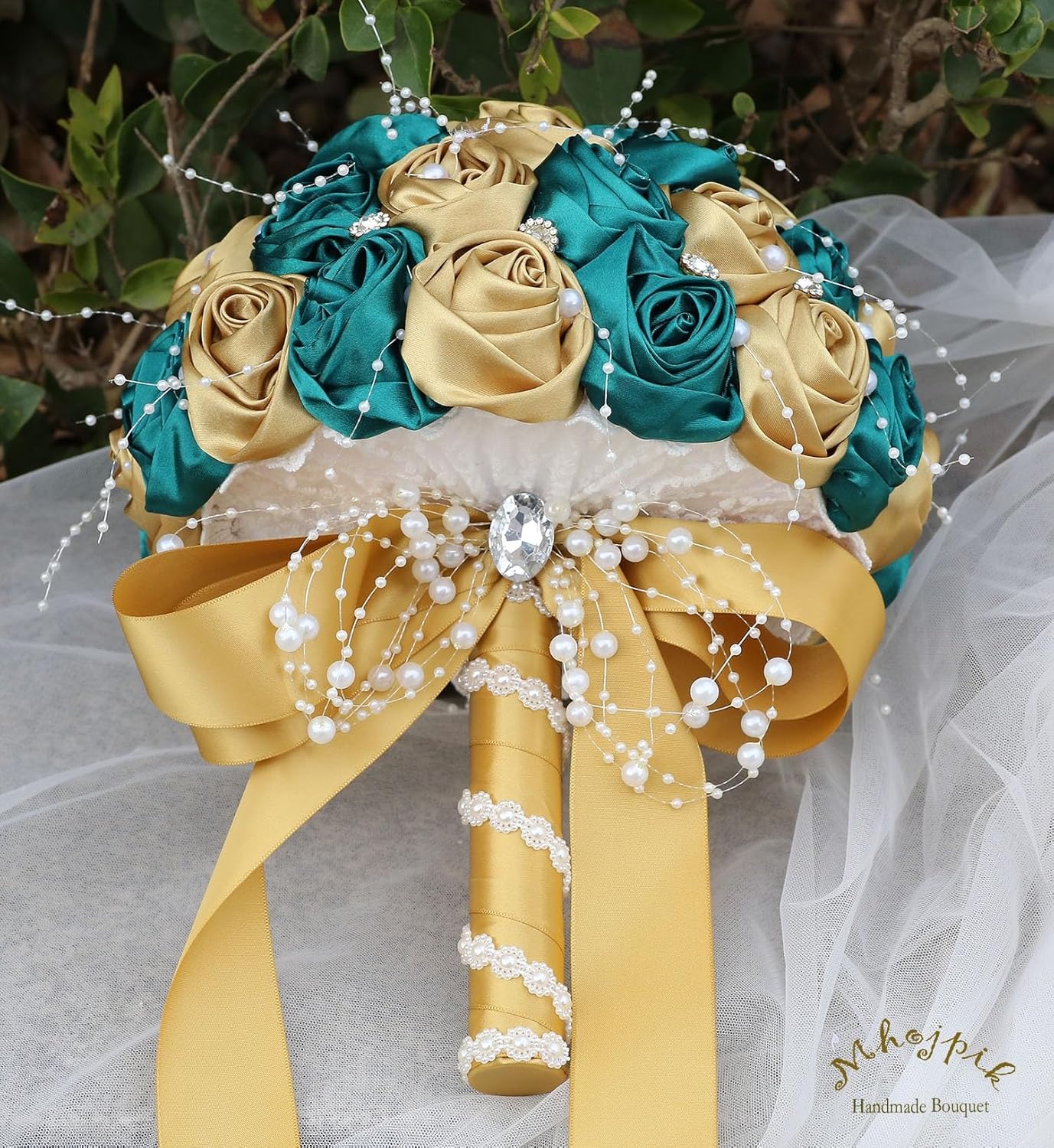 Bridal Wedding Bouquet Round Bling Brooch Bouquet Throw Toss Artificial Rose Flower Bunch for Bride Bridesmaid Wedding Quinceanera(Dark Green & Gold, 7.5")