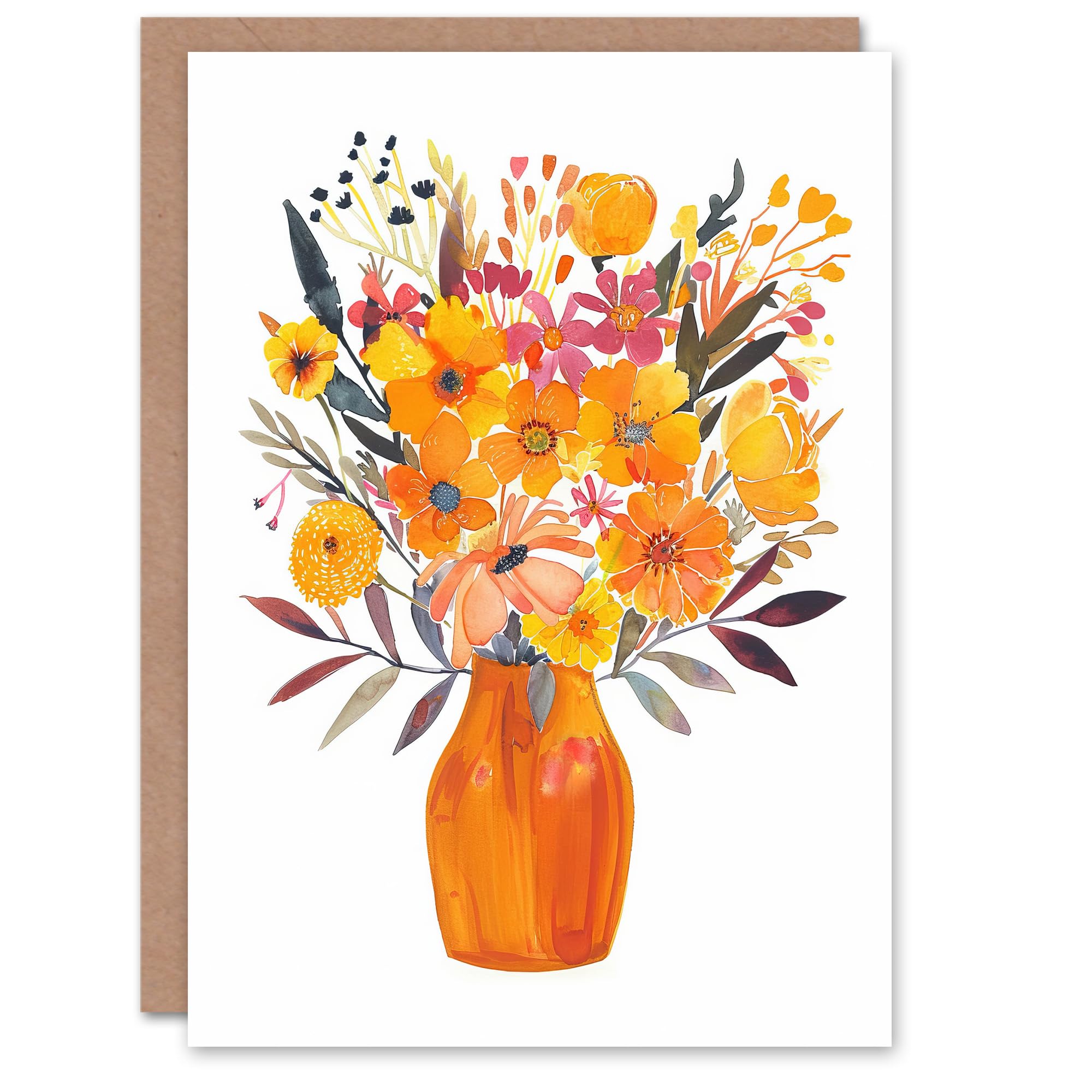 Artery8 Greeting Card Bright Autumnal Orange Pink Flower Bouquet Vase For Her Woman Birthday Card