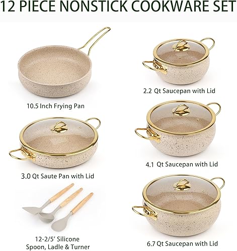 Miniatura 7 de Juego de utensilios de cocina de acero inoxidable de 5 capas, juego de 12 ollas y sartenes antiadherentes con asas que se mantienen frescas,