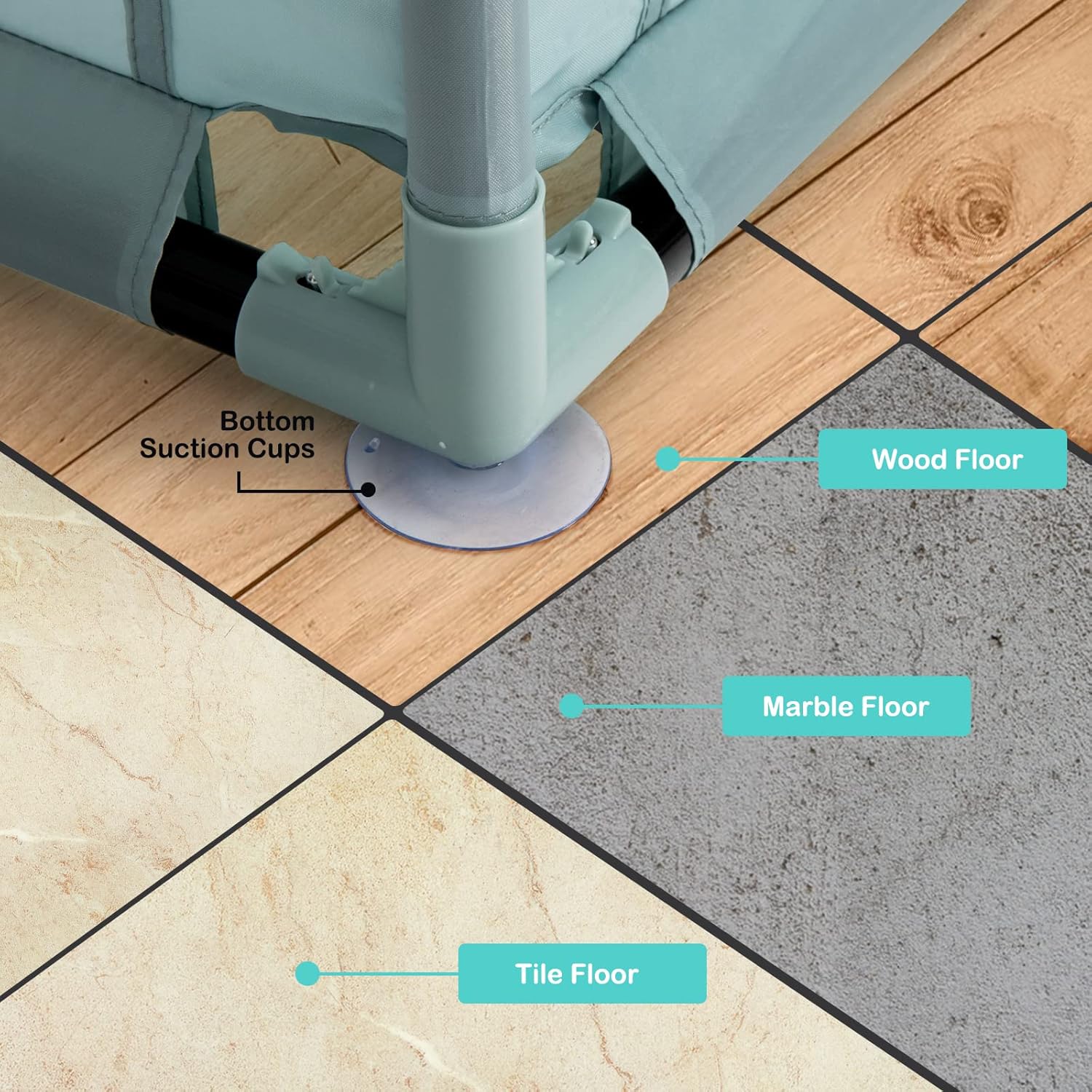 Image showing the bottom suction cups on various floor types: wood, marble, and tile, demonstrating anti-slip design.