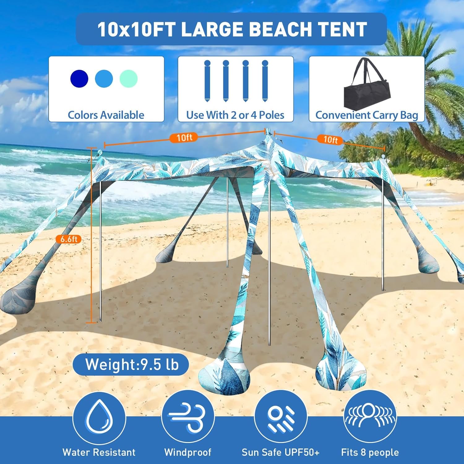 Beach Tent Sun Shelter 10x10ft Beach Canopy Easy Pop Up Sun Shade Portable UPF50+ with 8 Sandbags-2 Sand Shovel-4 Aluminum Poles-Ground Pegs for Outdoor Family Camping Fishing Backyard Picnic