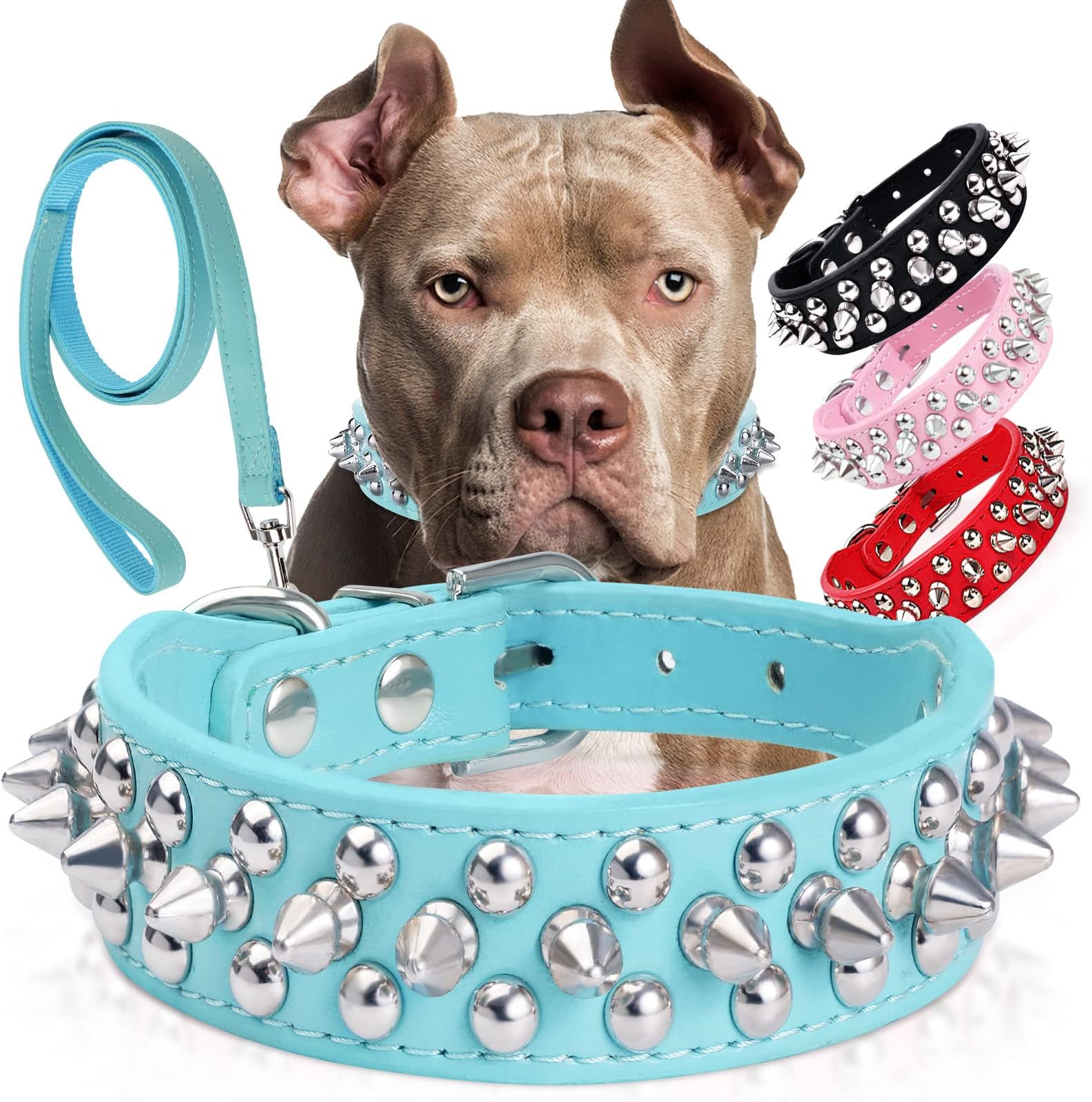 Spiked Studded Leather Dog Collar with Leash, Epesiri Rivet PU Leather Dog Collars for Pit Bull, Durable Leather Cat Collar Spiked Studded for Small Medium Large Pet
