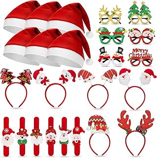 24 Pcs Christmas Glasses Christmas Headbands Christmas Hats Kids Wristbands, Cute Hair Hoop Eyeglasses Christmas Decorations, Santa Hats Christmas Photo Props for Xmas Holiday Party Favors Supplies
