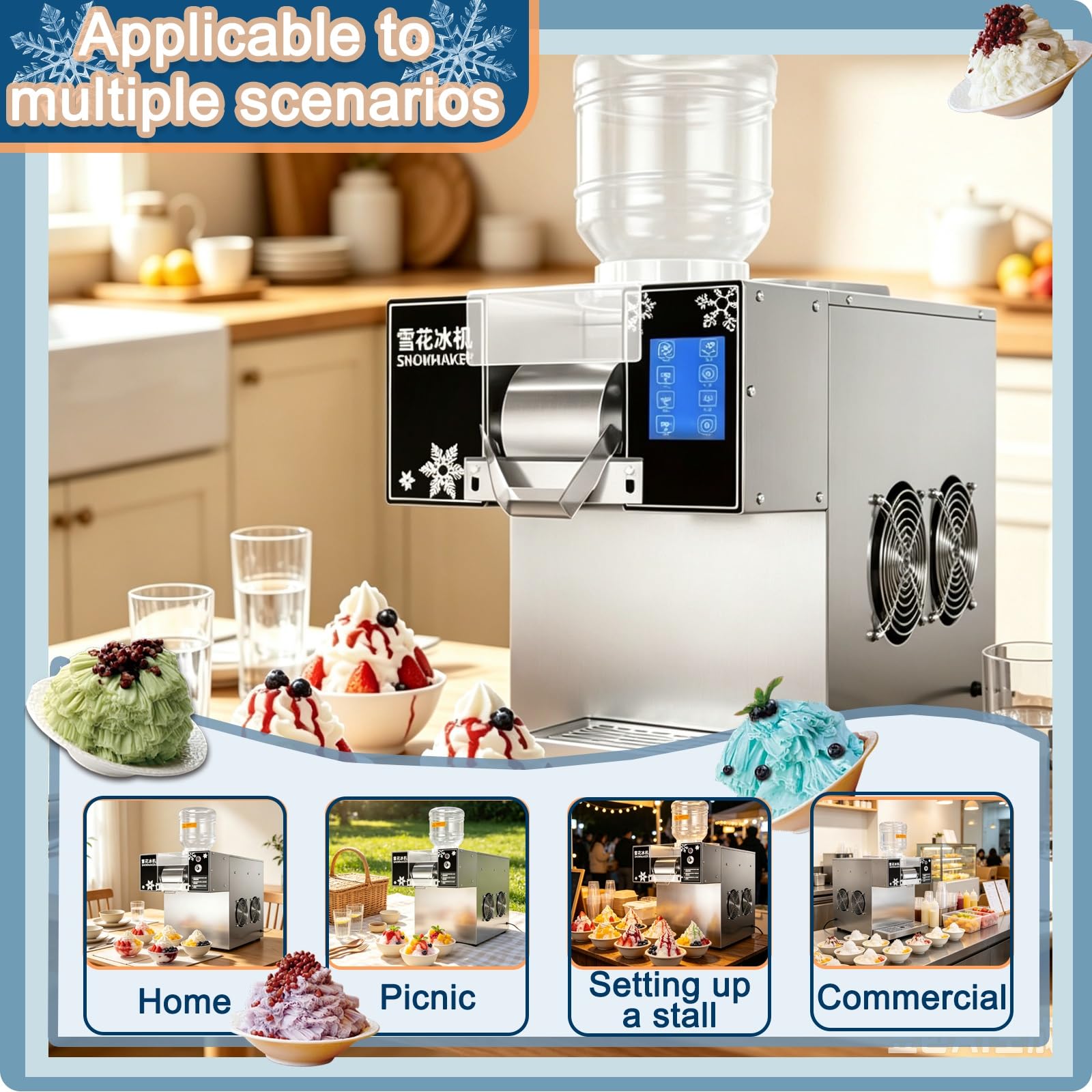 Máquina Bingsu Automática, Fabricador de Hielo en Escamas | Enfriamiento Veloz, Trituradora Eléctrica HoReCa 360W/750W , Panel Digital , Textura Fina Suave(360W)