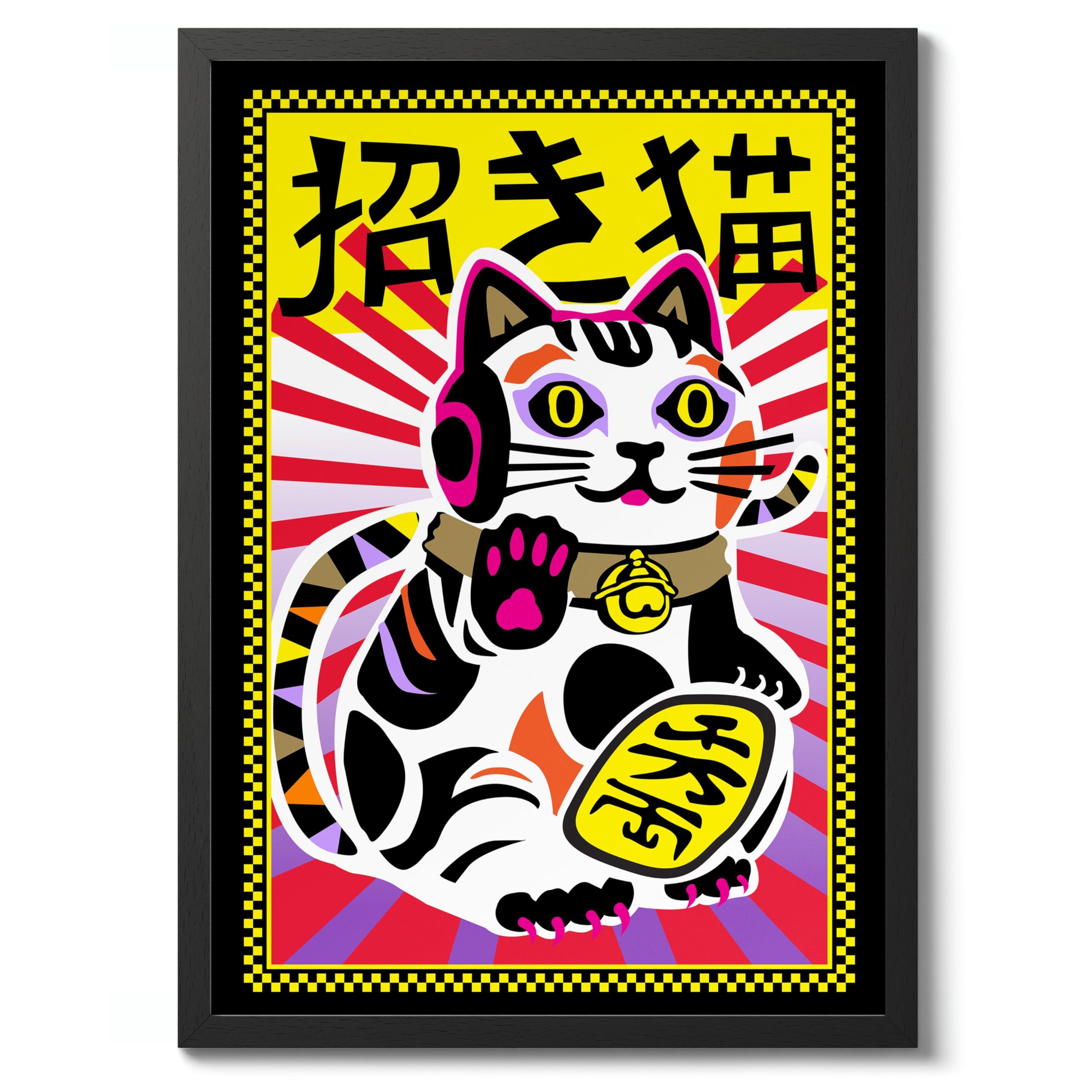 Psychedelic Maneki Neko Cat Anime Woodblock Poster Modern Woodblock Print, Cartoon Manga Kitten Wall Art Decor, Modern Japanese, Cat Lovers, A2 (Black Frame) - 62.5x45.1cm