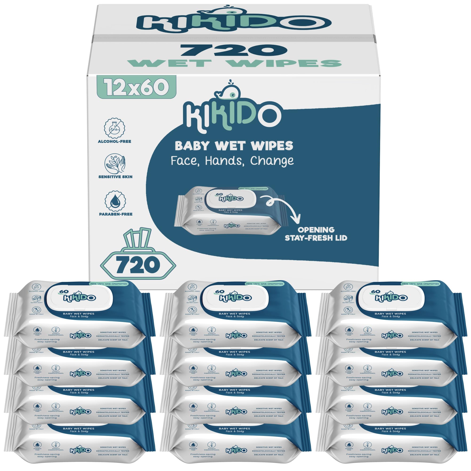 Kikido Baby Wipes Multipack - 720 Wet Wipes (Box with 12 Packs of 60) - Gentle Formula for Sensitive Skin, Lightly Fragranced, Alcohol-Free - Lid with Freshness-Saving Opening