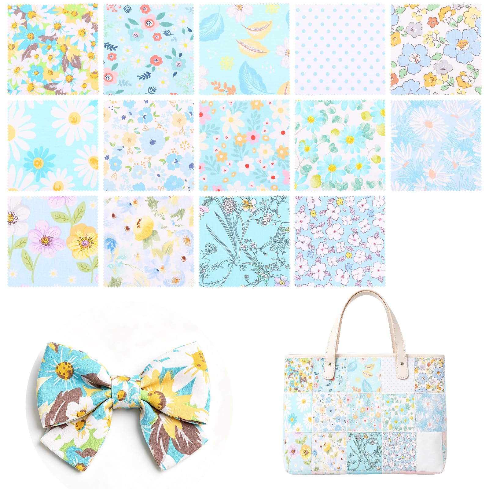 84 Pcs Fabric Squares for Sewing 12.7 X 12.7 Cm (5"X5") Precut Cotton Patchwork Fabric Bundles Sage Green Eucalyptus Botanical Charm Packs for Quilting, DIY Crafts & Scrapbooking(Blue Floral)