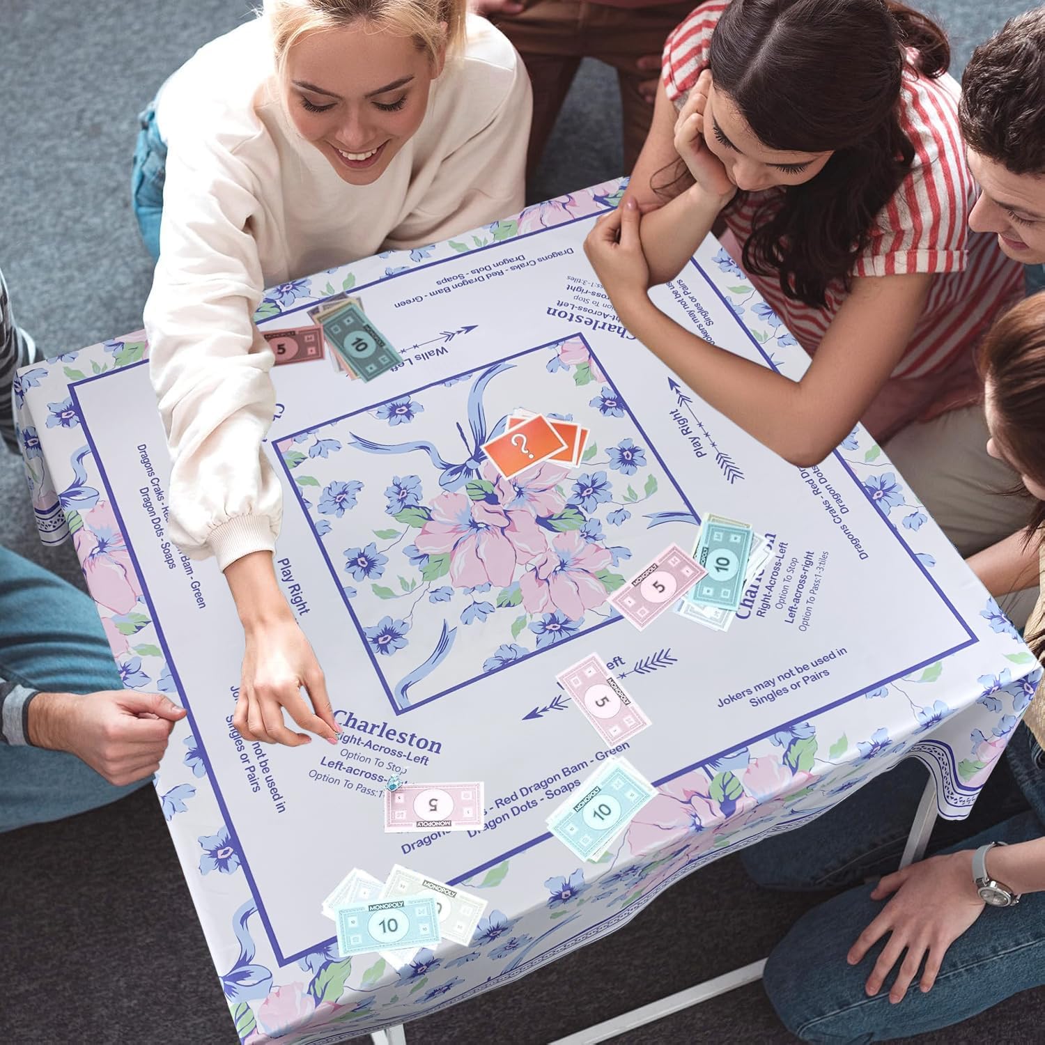 SHIYUE Chinoiserie Mahjong Tablecloth Mats Floral Card Table Cloth 55" x 55" Square Game Instructions for Beginner, Card, Board Tile Games Gift (Blue Pink Flowers)