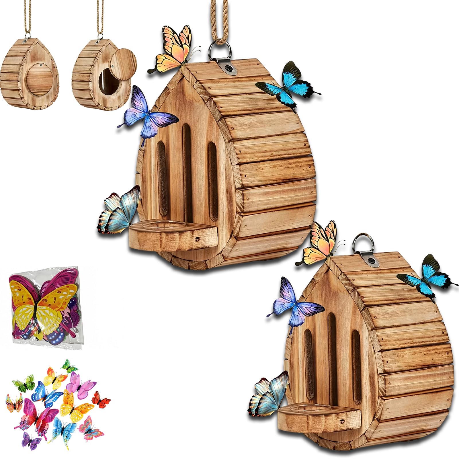 Butterfly House for Garden, Teardrop-Shaped Wooden Butterfly Habitat & Feeder With+Rope, Outdoor Butterfly Shelter for Outside Garden Decor, Easy to Clean (2pc)