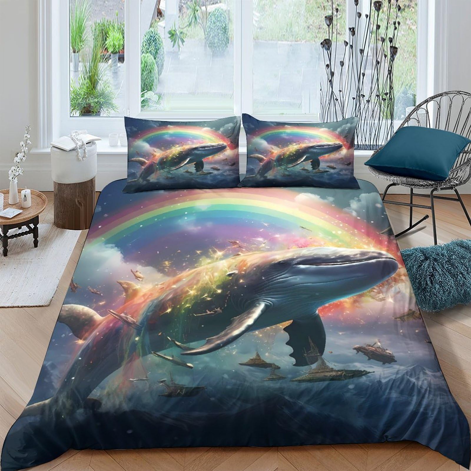 Ctjqhvkz Style-5 3D Printed Rainbow Whale Fitted Sheet Microfiber Non-Slip Mattress Cover For Bedroom Dorm Decorative Bedding Protector Single（135X200cm）