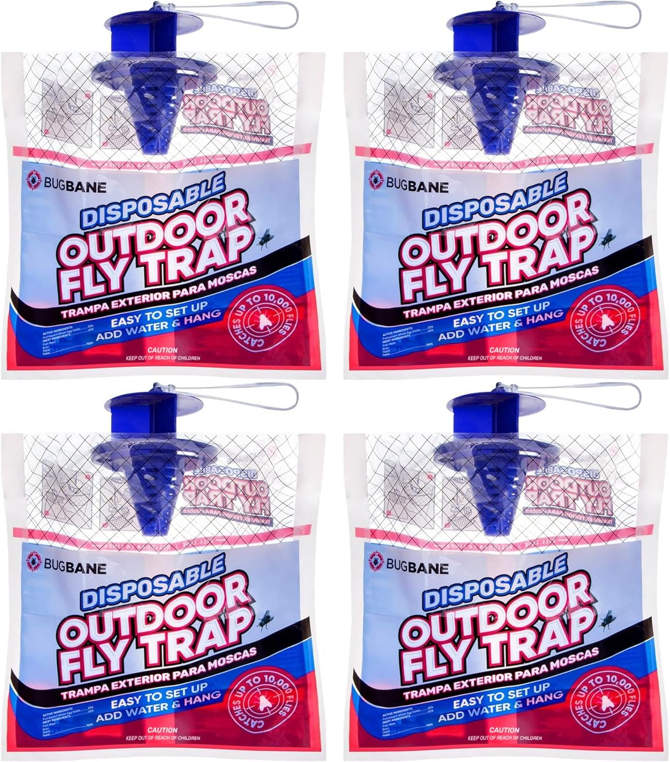Fly Traps Outdoor Fly Trap for Patio. 4 Non-Toxic Pre-Baited Flies Bags Outdoor Disposable. Hanging Bug Catchers for All Filth Flies Killer for Outside Bug Control in Yard Horse Ranch Trash Can.