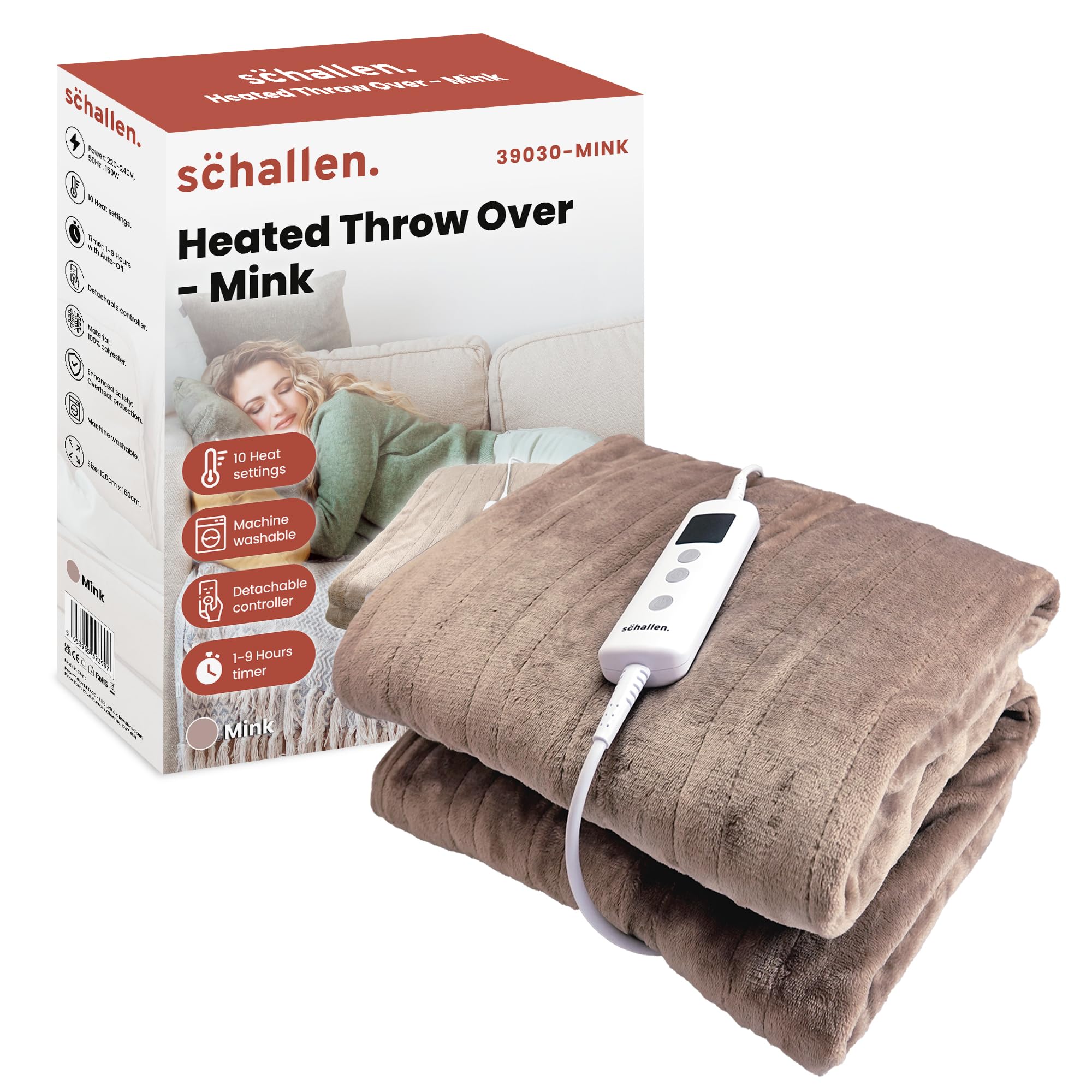 Schallen Mink Beige 120X160cm Soft Heated Warm Throw Over Blanket With Timer And 10 Heat Settings (Mink Beige)