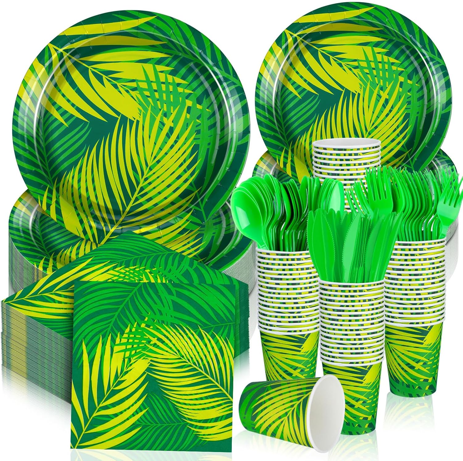 Yungyan 252 Pcs Hawaiian Luau Paper Plates and Napkins Set Tropical Palm Leaf Party Supplies Disposable Plates Napkins Cup Knives Spoons Fork for Summer Safari Jungle Hawaiian Luau Party Decorations
