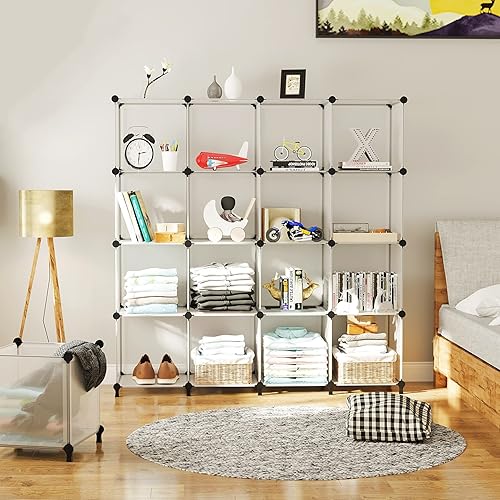 Vista 46 de AWTATOS Organizador de almacenamiento de cubos, organizador de armario de 16 cubos, estantes de almacenamiento apilables, organizador de ropa Blanco