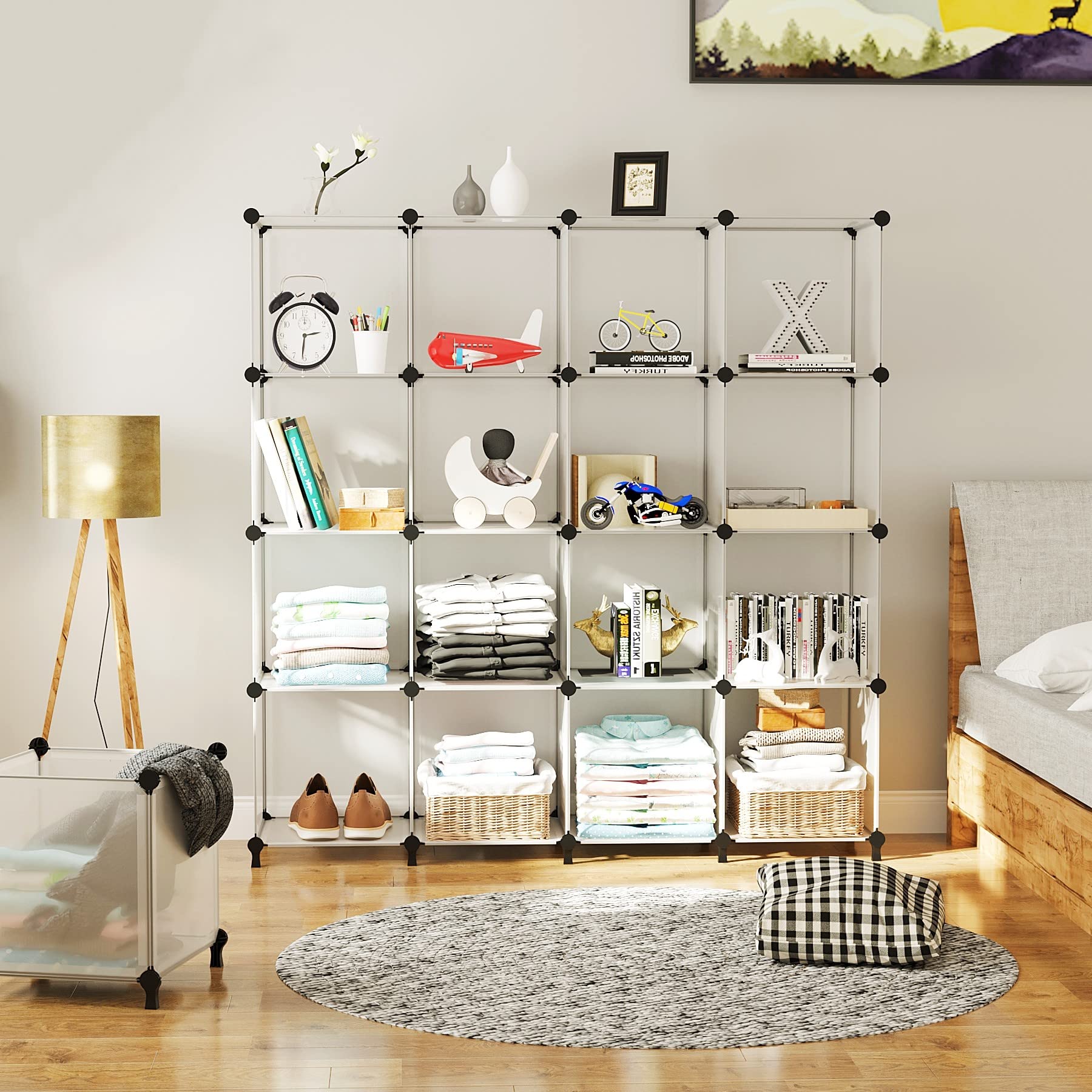 AWTATOS Cubo organizador de almacenamiento modular de 16 cubos, estantería de plástico DIY para armario, estantes de almacenamiento con mazo de madera, solución ideal de almacenamiento para el hogar,