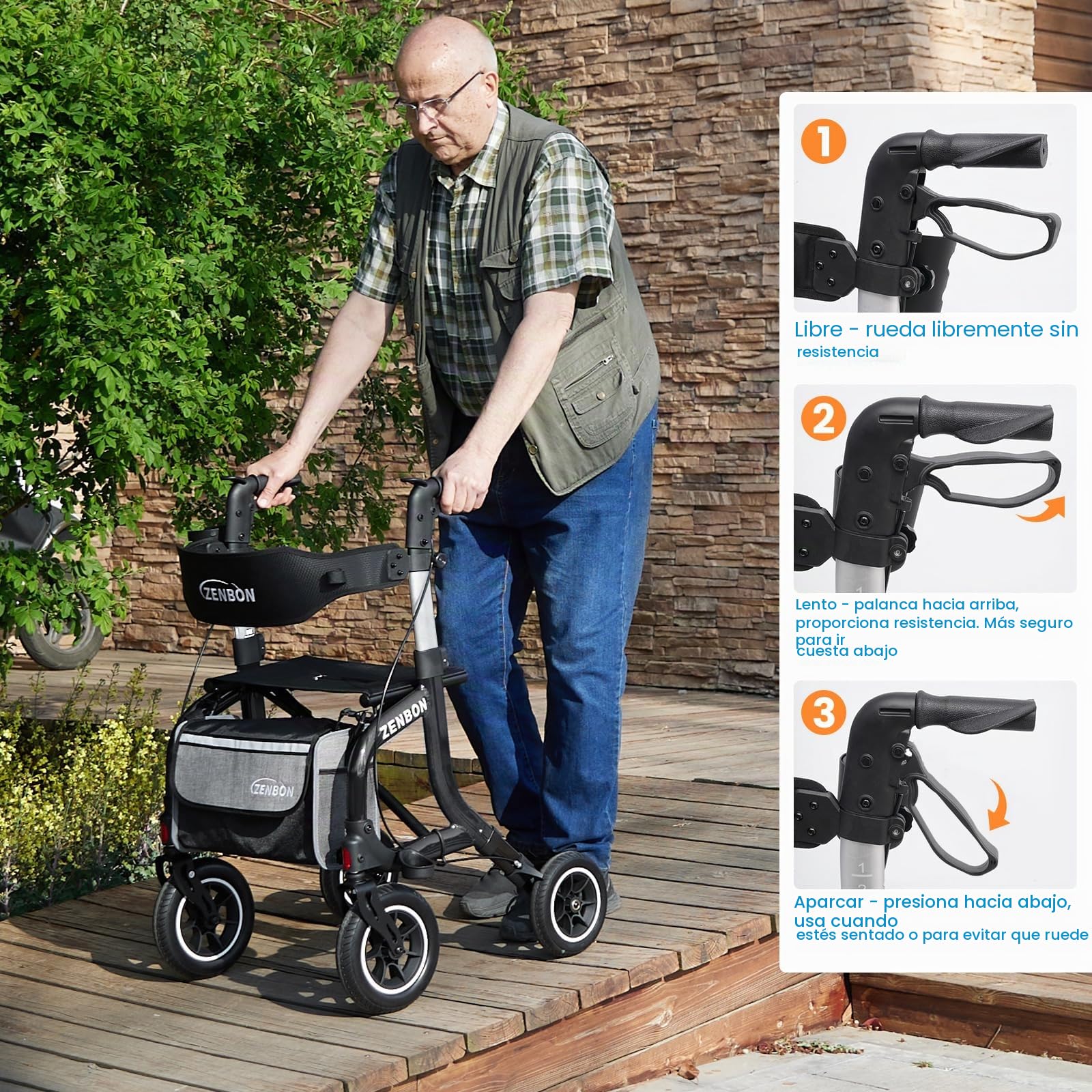 Andador Plegable de Aluminio con Asiento: Andador para Ancianos Adultos Ligero y Plegable de Viaje Altura Ajustable con Soporte para Bastón y Bolsa de Compra Extraíble (Negro)