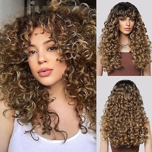 LONAI - Peluca rubia rizada larga con flequillo para mujer WIG006, peluca de pelo sintético, estilo vintage, para uso diario, fiesta, disfraz -