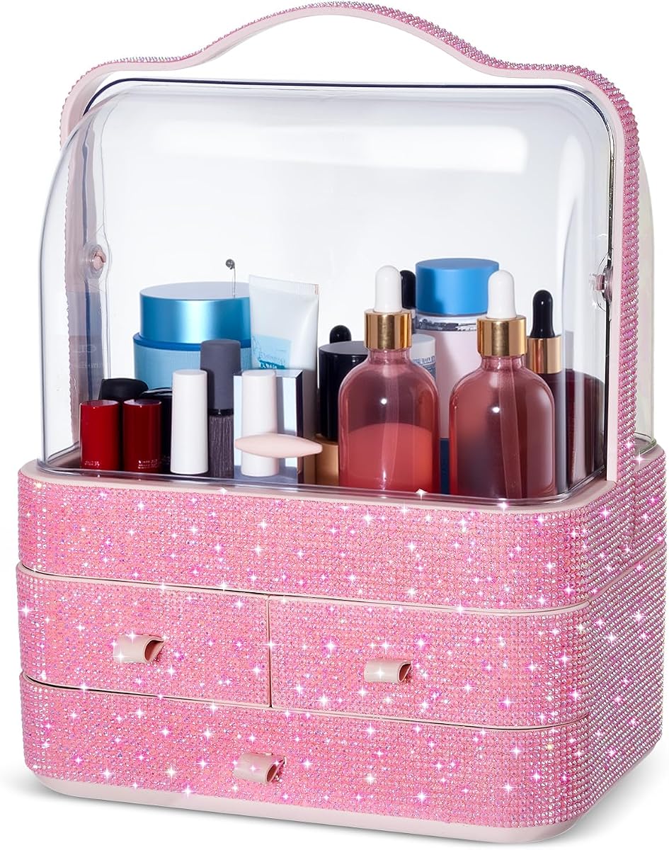 Makeup Organizer 2 Drawers Rhinestone Display, Pink, Rhinestone