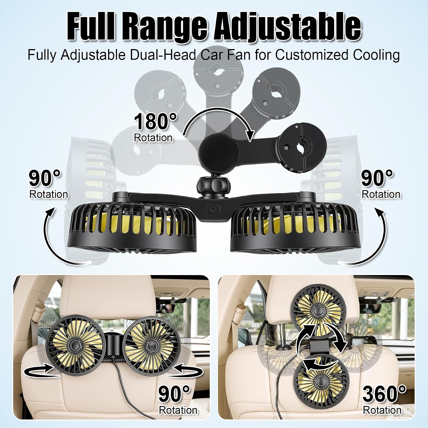 SINGRAO Car Backseat Fan for Kids, Baby, Dogs, Dual Head USB Car seat Fan, 360° Rotatable Strong Wind, 3 Speeds Adjustable, Rear Headrest Fan for Car, SUV, RV, Truck