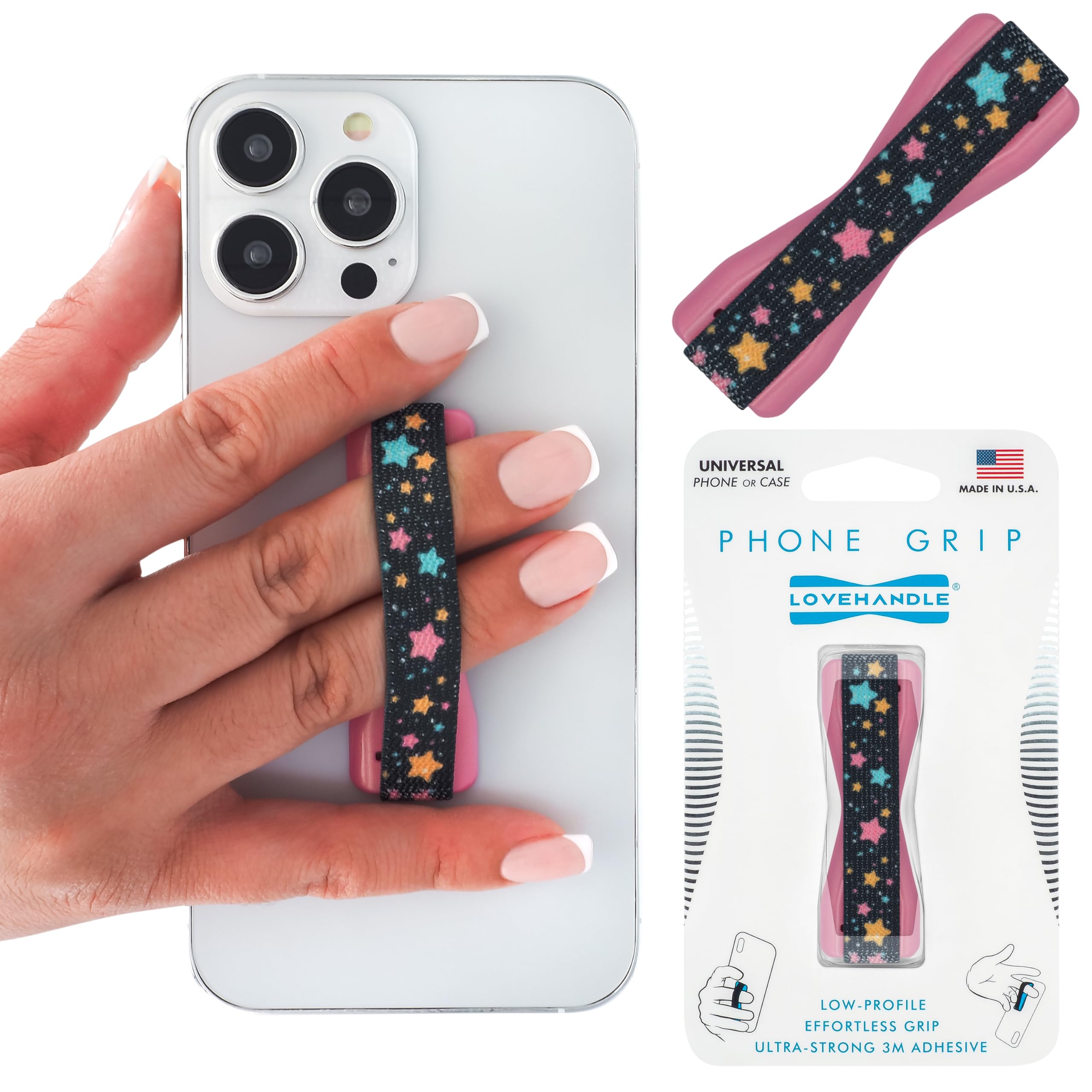 LOVEHANDLE Universal Phone Grip for Smartphones & Mini Tablets - Phone Holder for Hand - Wireless Charging Compatible - Made in The USA - Stars Blush