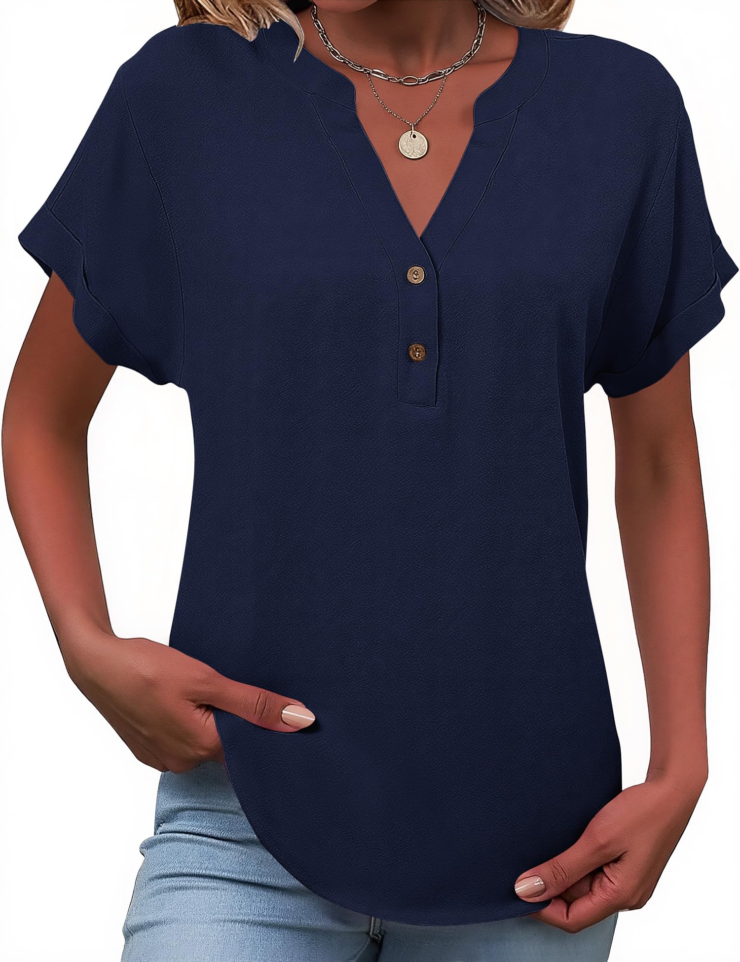 Tisfeer Leinenbluse Damen Sommer Kurzarm Bluse Baumwolle Leinen V-Ausschnitt mit Knopfleiste Locker Lässig Tunika Einfarbig