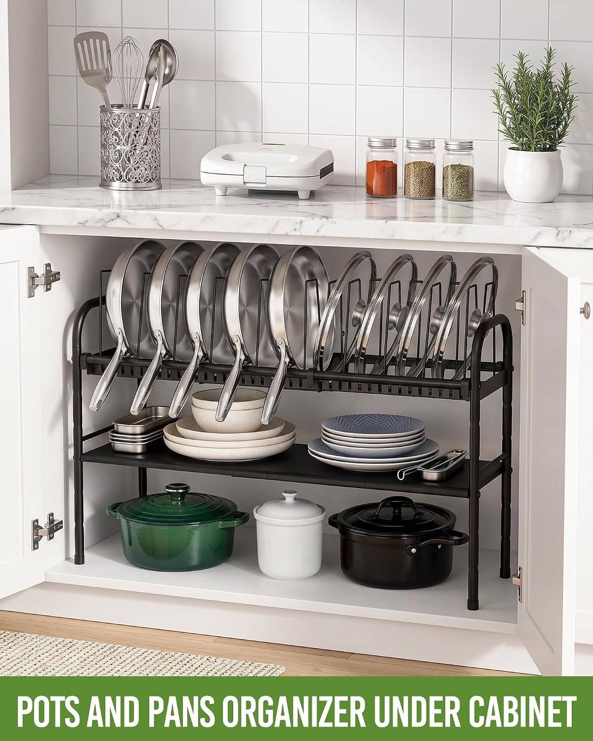 Pots and Pans Organizer Under Cabinet, Expandable 2 Tier Pot Rack
