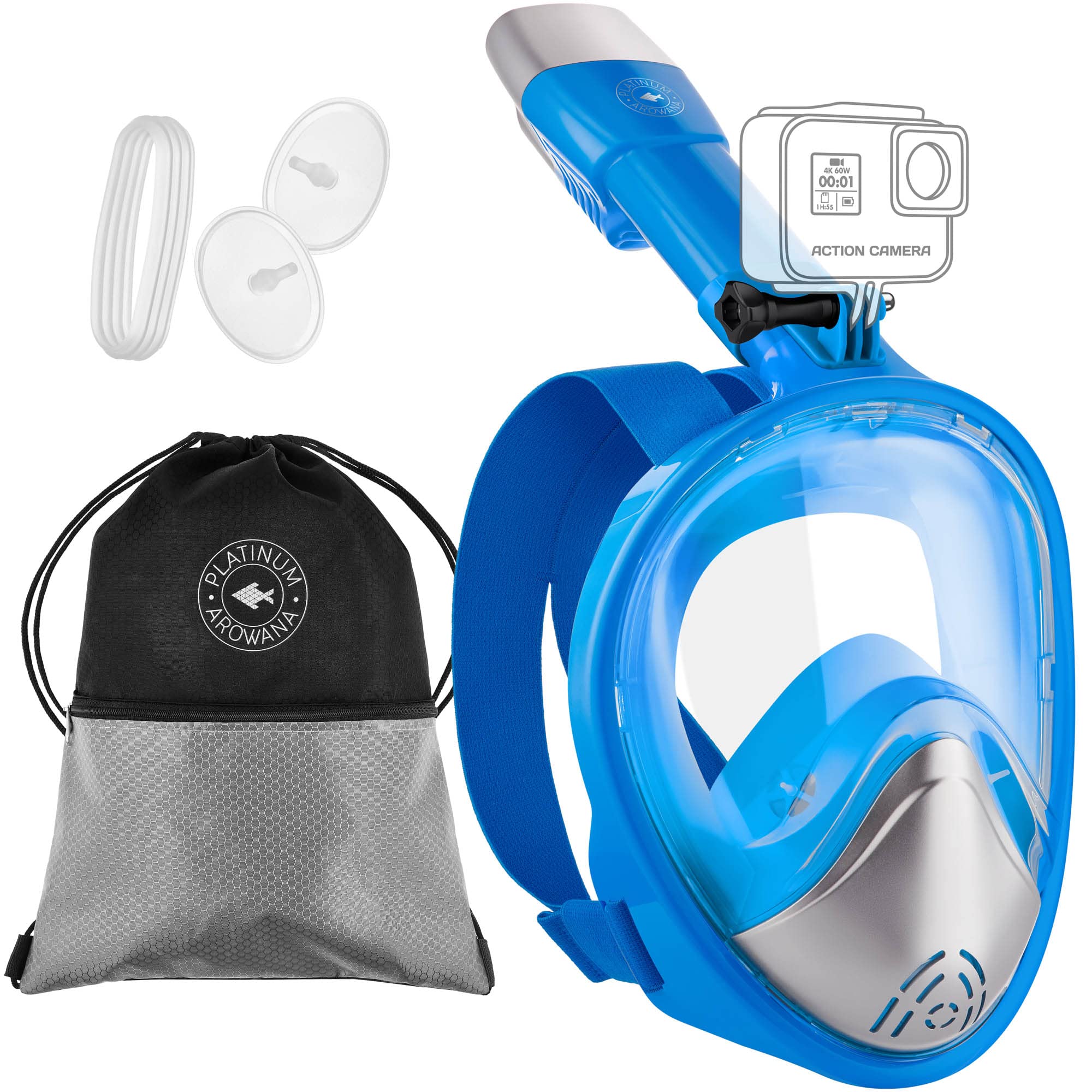 Platinum ArowanaProfessional Full Face Snorkel Mask - Snorkeling Gear for Adults & Kids, 180° Panoramic View, Adjustable Anti-Fog Anti-Leak Dry System Set Diving Mask w/Detachable Camera Mount