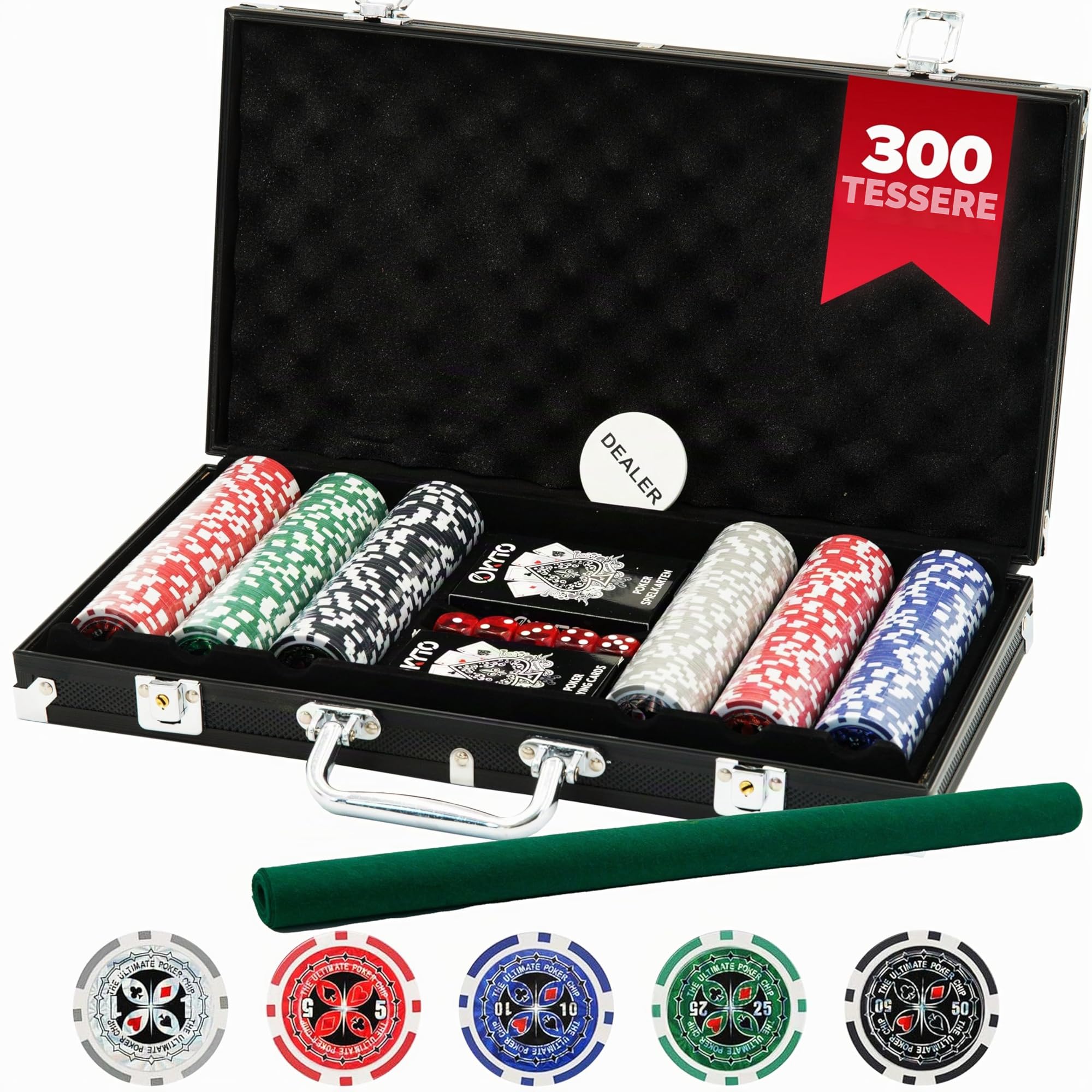 Kyto Set da poker da 300 pezzi, ideale per Texas Hold Em, con custodia, fiches da poker e carte da poker, perfetto per professionisti, principianti e tavoli da poker da torneo