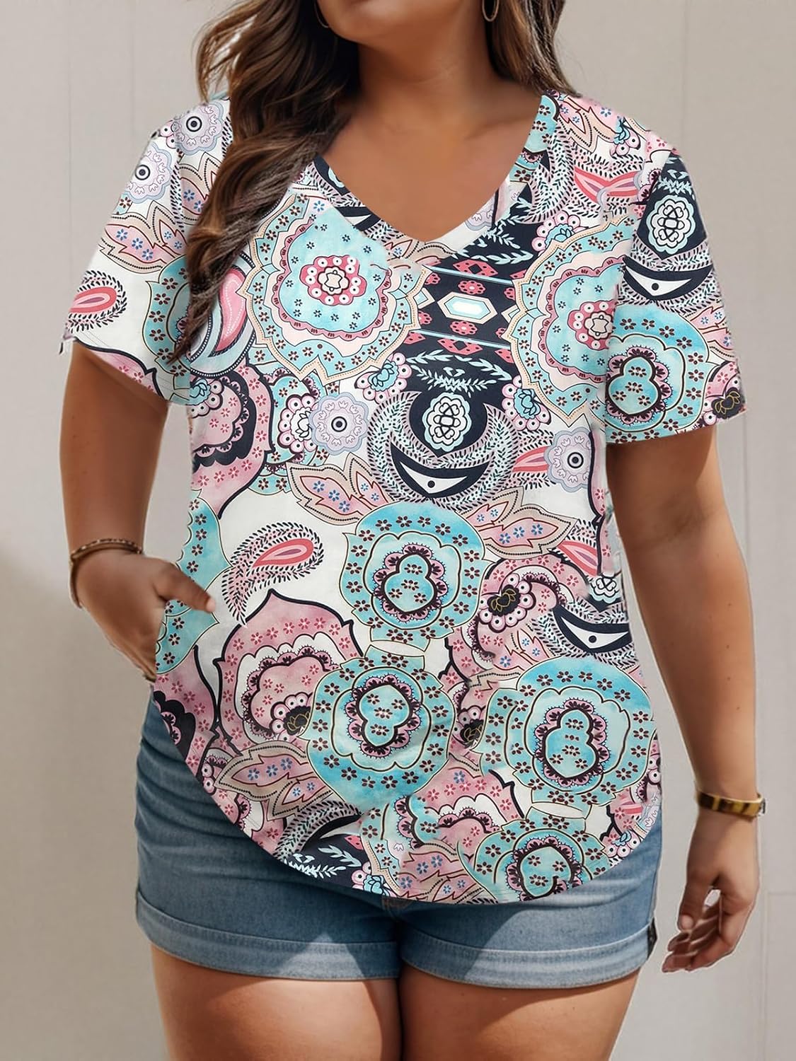 ROSRISS Plus Size Tops for Women Casual Summer T Shirts V Neck Short Sleeve Tunics - Image 5