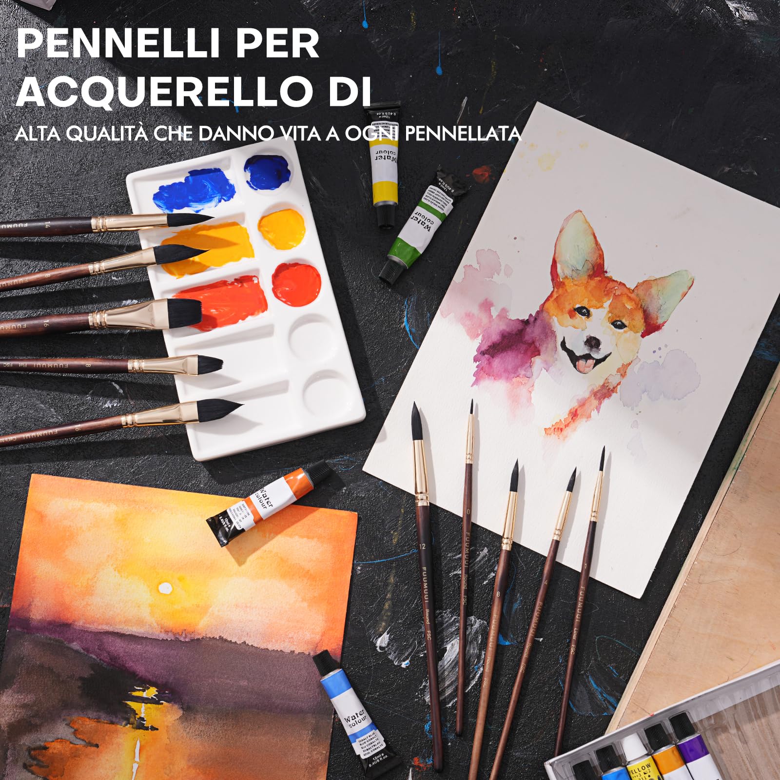 Pennelli Acquerello Professionali - Set di 10 Pennelli Per Dipingere per Acquerello, Inchiostro, Pennello Acquerelli in Setola Sintetica Scoiattolo per Alta Assorbenza | Watercolor Brushes