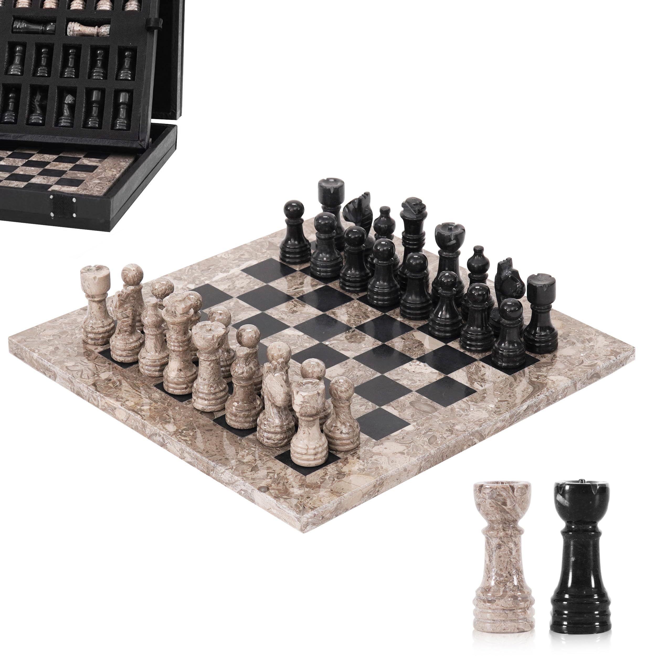 Marble Chess Set for Adults 10" Handmade Oceanic & Black Board Game with 32 Chess Pieces, 2 Extra Queens & Storage Box, Luxury Travel Game, Elegant Gift for Home Decor