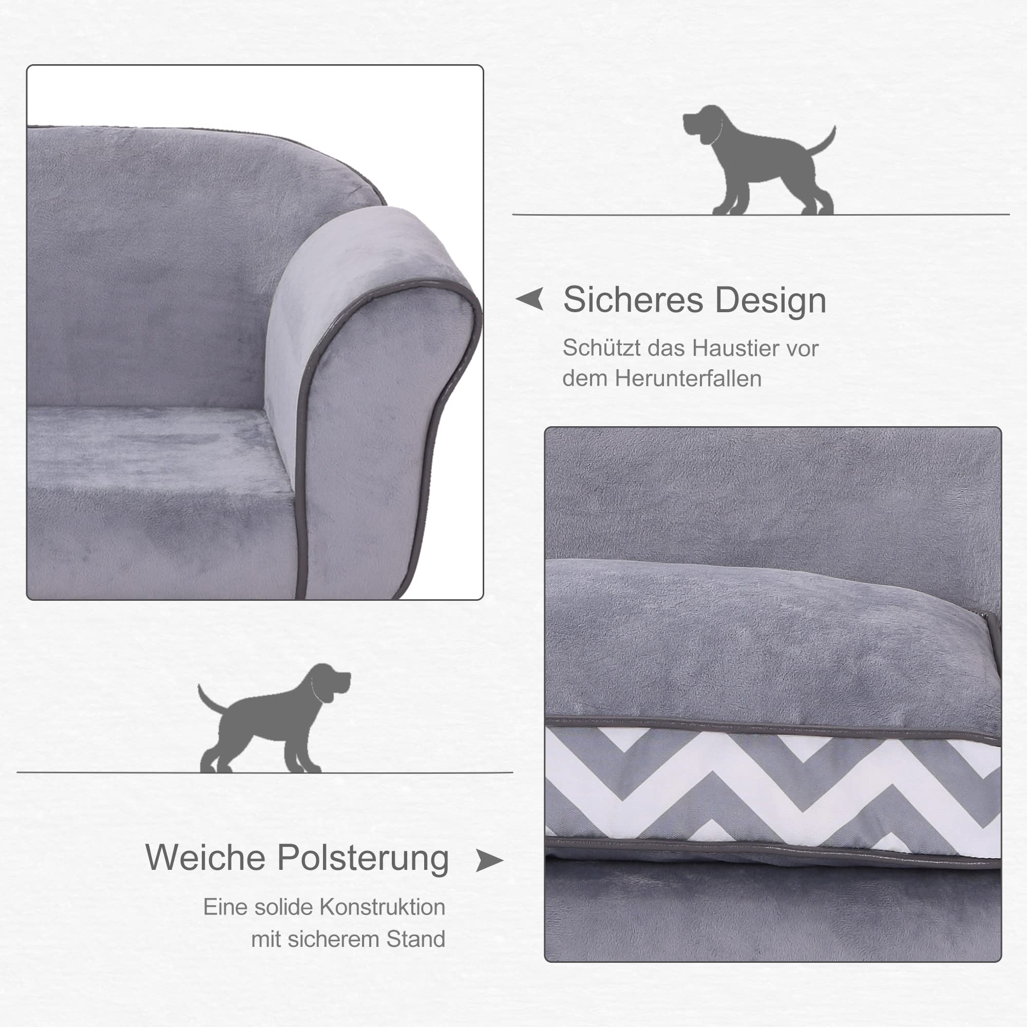PawHut Canapé pour Chien et Chat avec Coussin Lavable en Velours Gris 73,5 x 41 x 33 cm