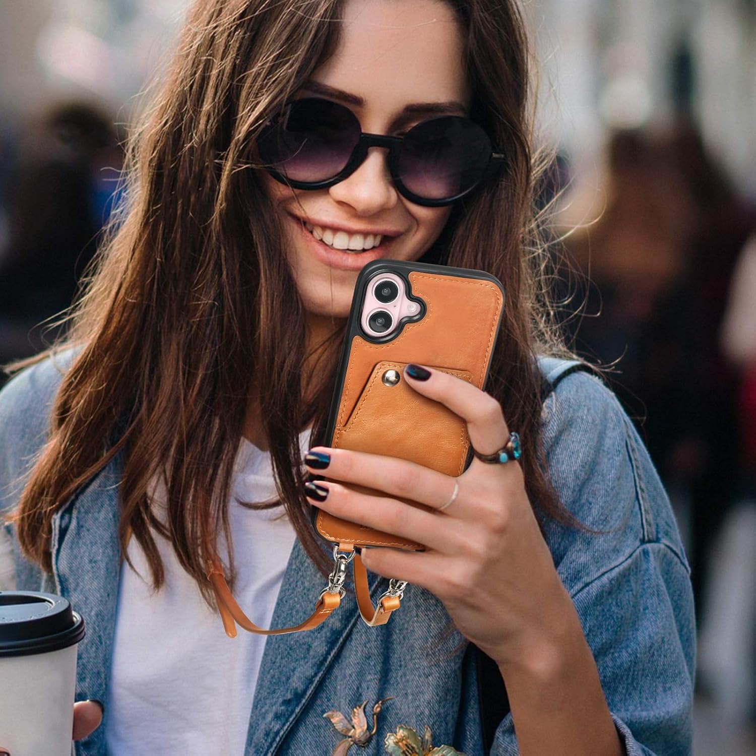 Leather Wallet Phone Case Compatible with iPhone 16 Plus,Crossbody Lanyards Wallet Phone Case for Women,Purse Flip Card Pouch Cover Case with Pouch Clip Card Holder Adjustable Wrist Strap Brown